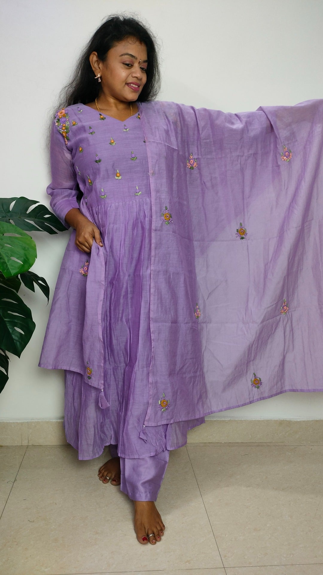 Mulchanderi lilac color 3 piece kurthi set
