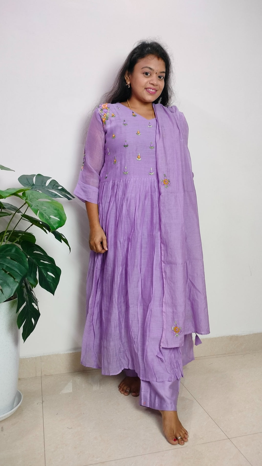 Mulchanderi lilac color 3 piece kurthi set