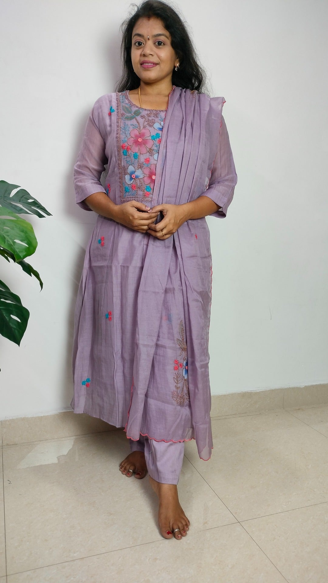 Mulchanderi dusty lavender color 3 piece A-line kurthi set