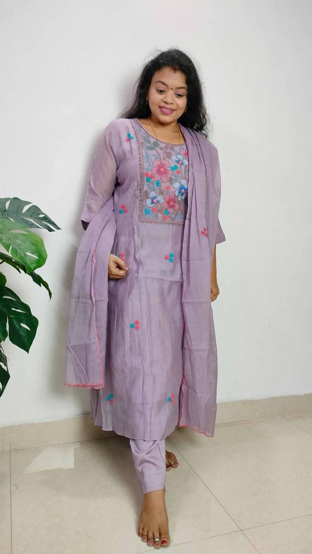 Mulchanderi dusty lavender color 3 piece A-line kurthi set