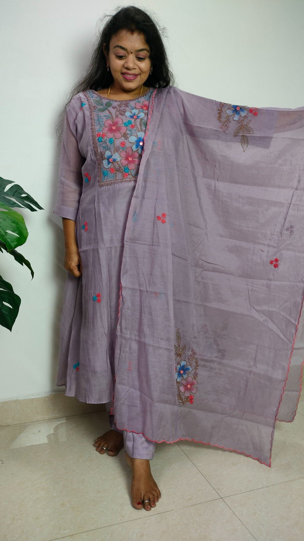 Mulchanderi dusty lavender color 3 piece A-line kurthi set