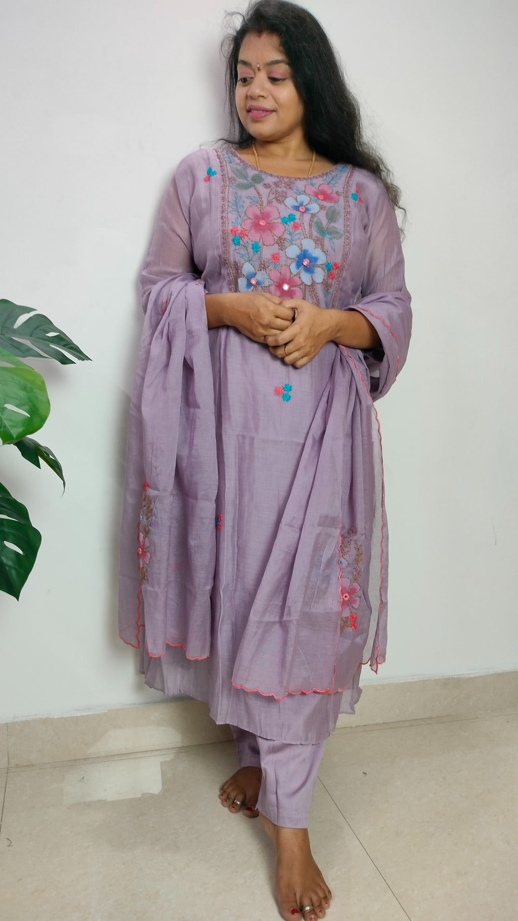 Mulchanderi dusty lavender color 3 piece A-line kurthi set