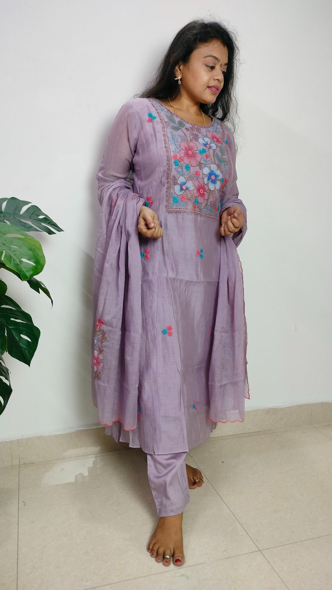 Mulchanderi dusty lavender color 3 piece A-line kurthi set