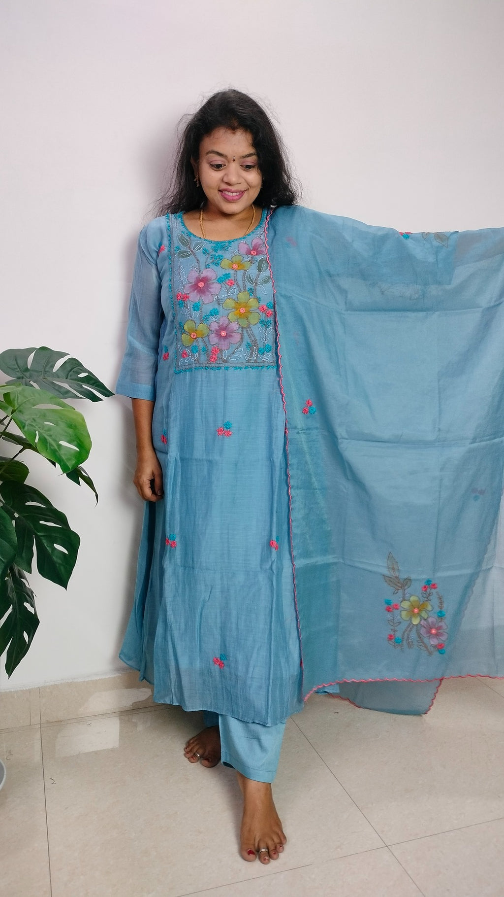 Mulchanderi sky blue color 3 piece A-line kurthi set