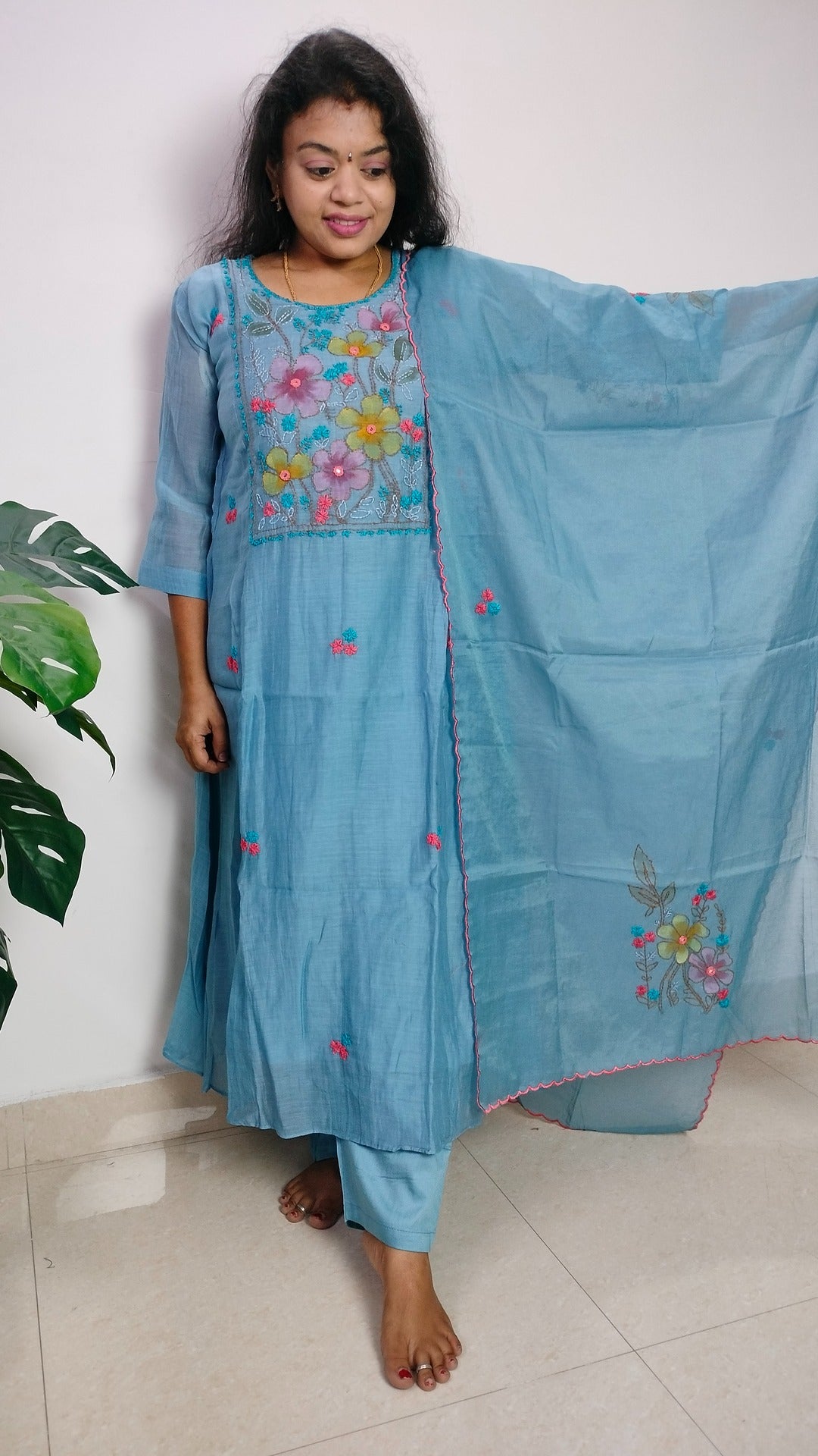 Mulchanderi sky blue color 3 piece A-line kurthi set