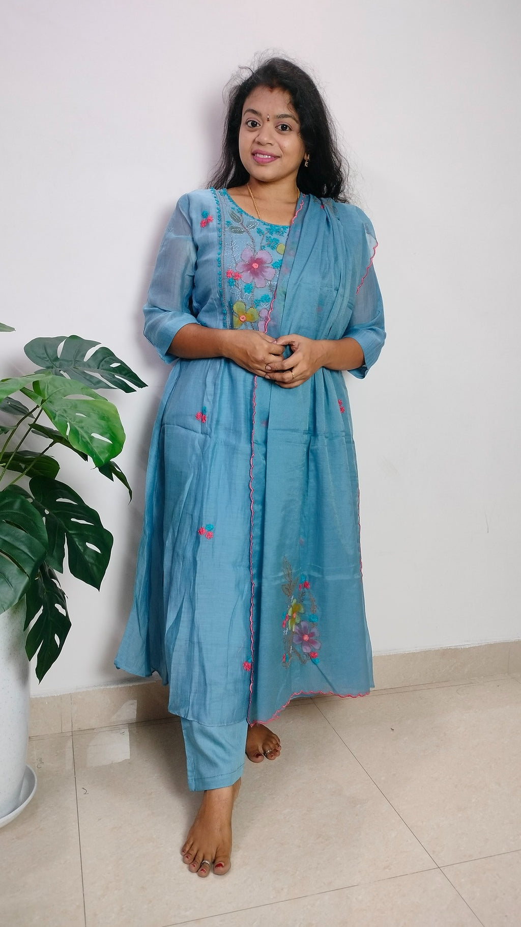 Mulchanderi sky blue color 3 piece A-line kurthi set