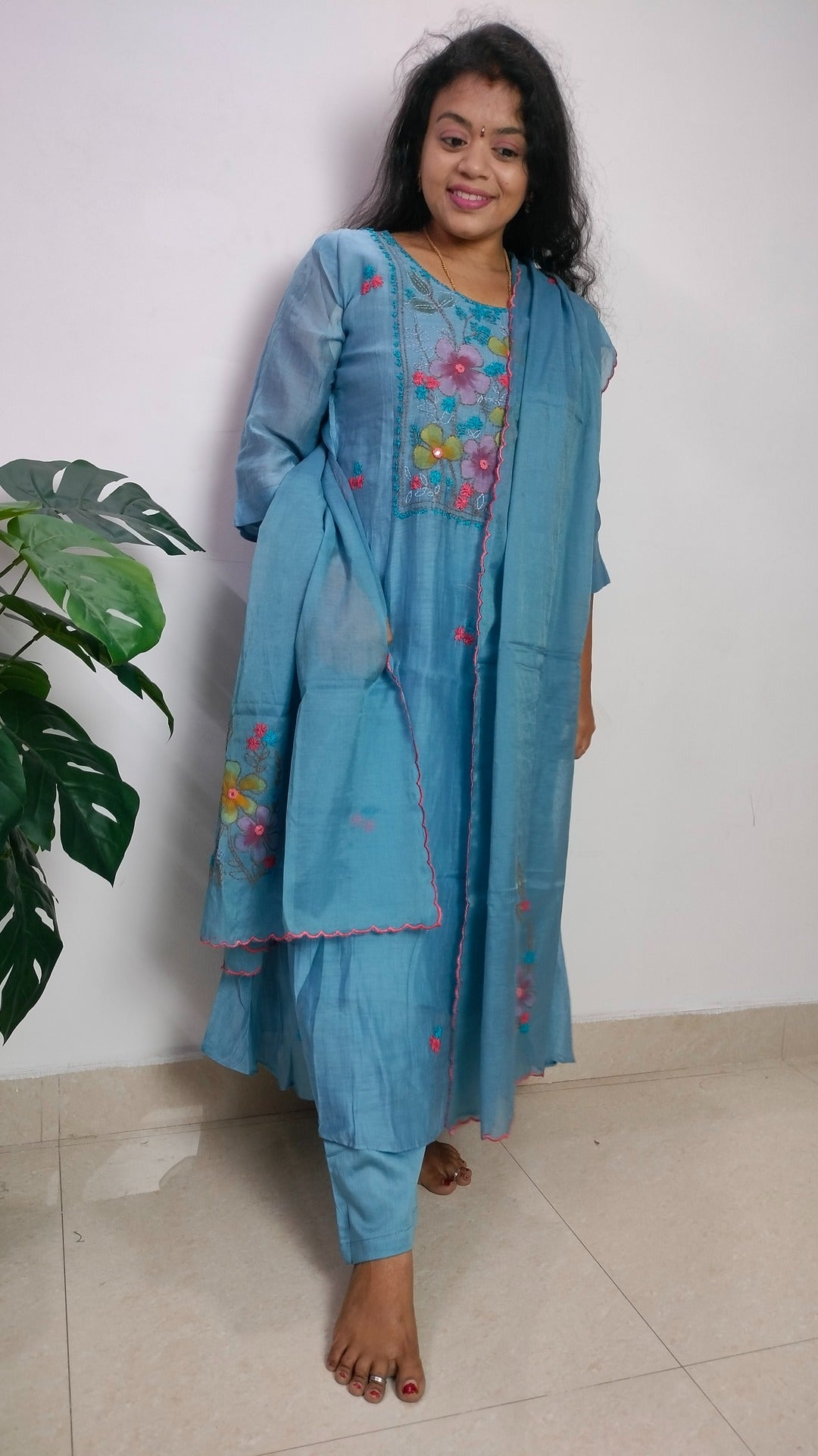 Mulchanderi sky blue color 3 piece A-line kurthi set