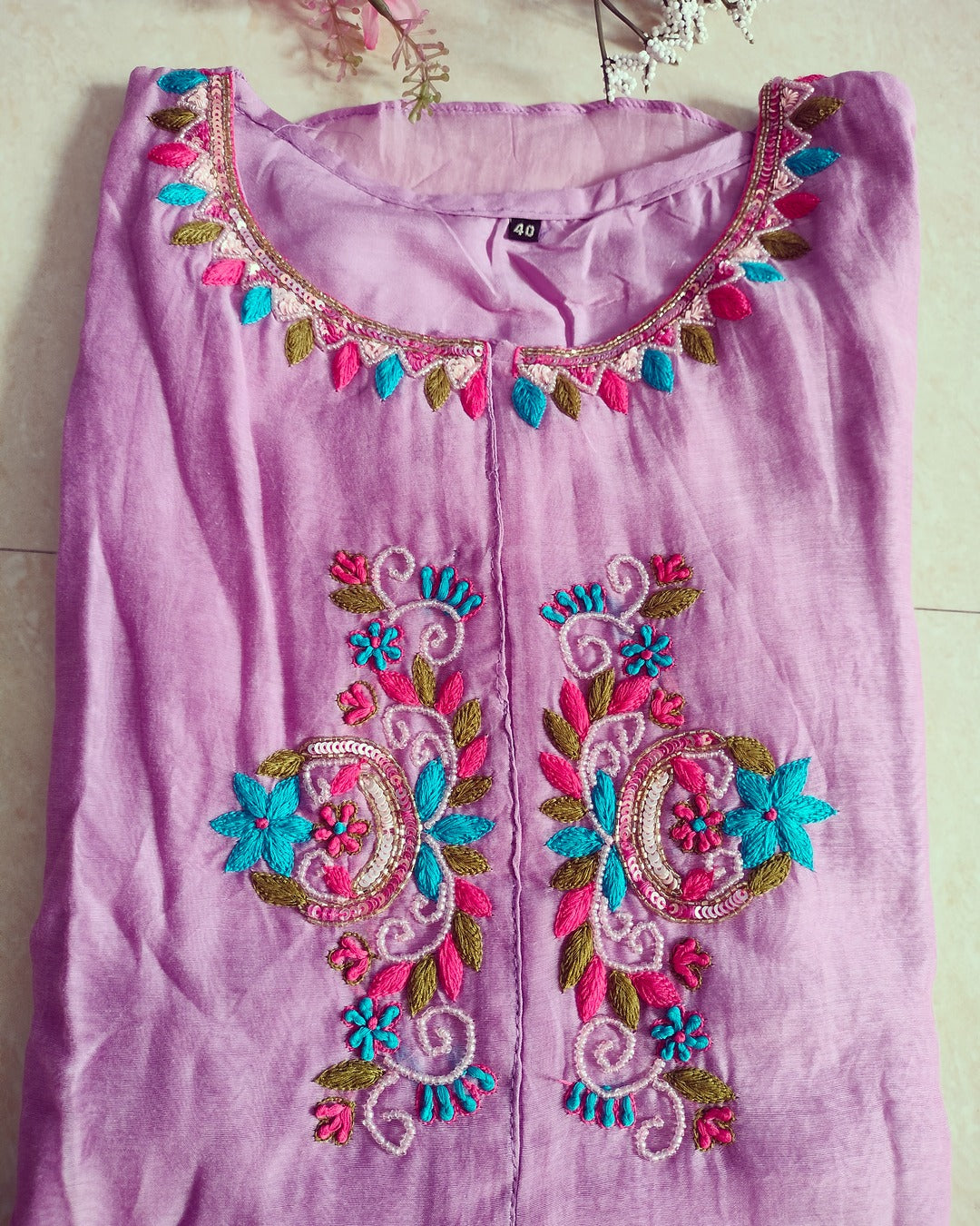 Lilac colour premium mulchanderi 2 piece suit set