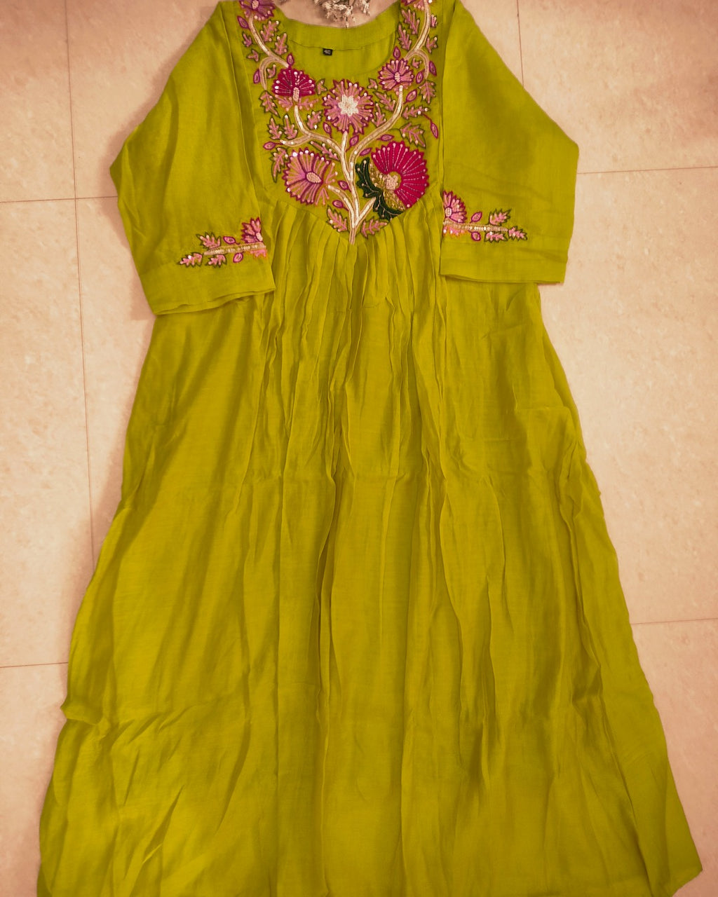 Mulchanderi parrot green color 3 piece A-line kurthi set
