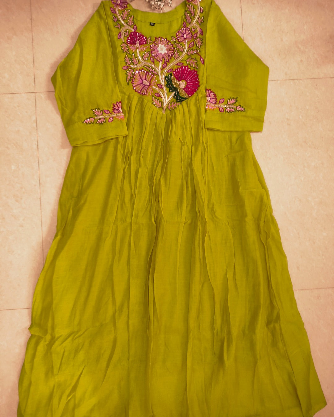 Mulchanderi parrot green color 3 piece A-line kurthi set