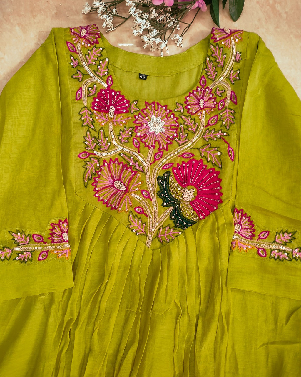 Mulchanderi parrot green color 3 piece A-line kurthi set