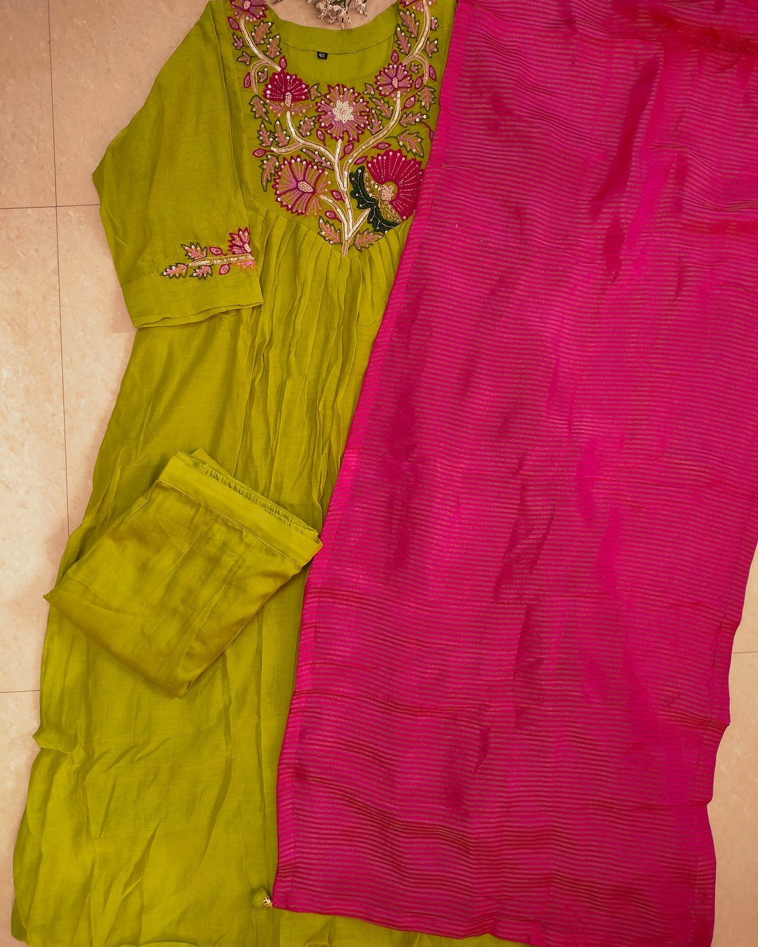 Mulchanderi parrot green color 3 piece A-line kurthi set