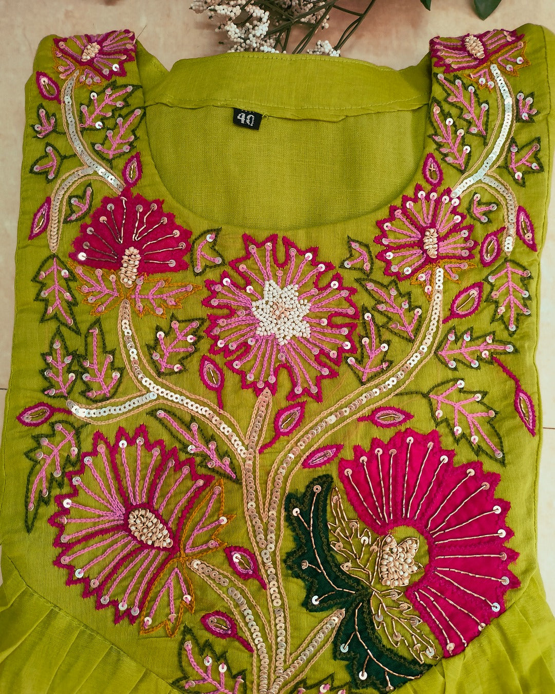 Mulchanderi parrot green color 3 piece A-line kurthi set