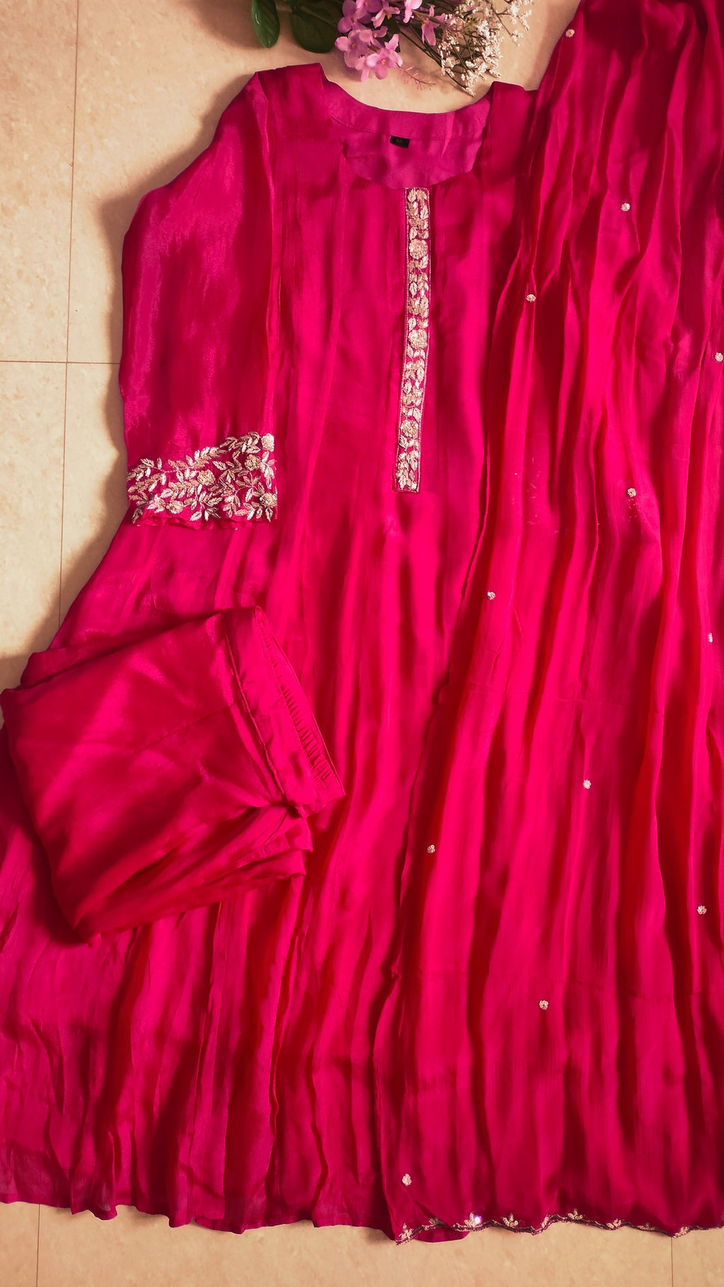 Dark Pink color pure Chinon 3 piece Anarkali suit set
