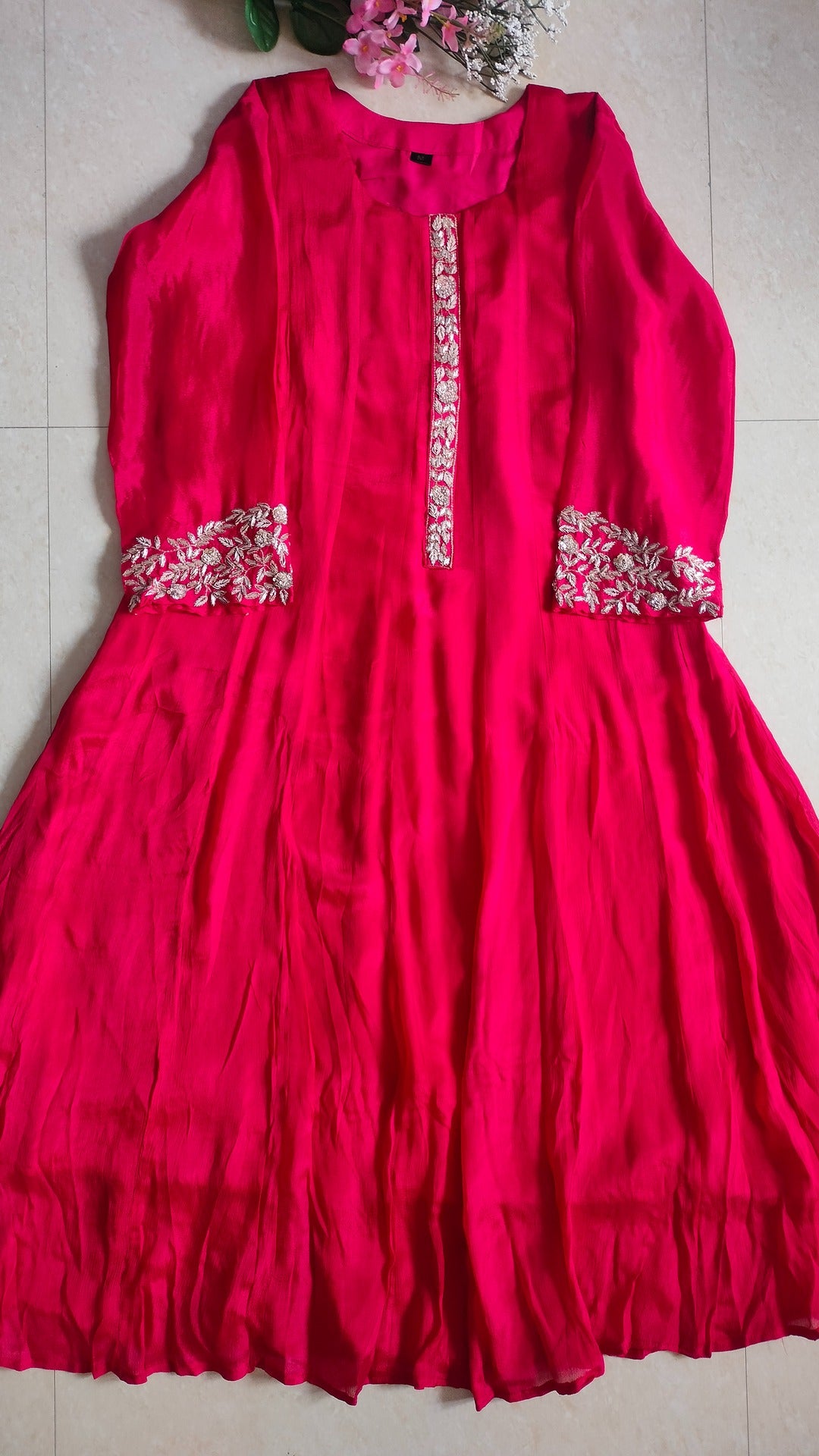 Dark Pink color pure Chinon 3 piece Anarkali suit set