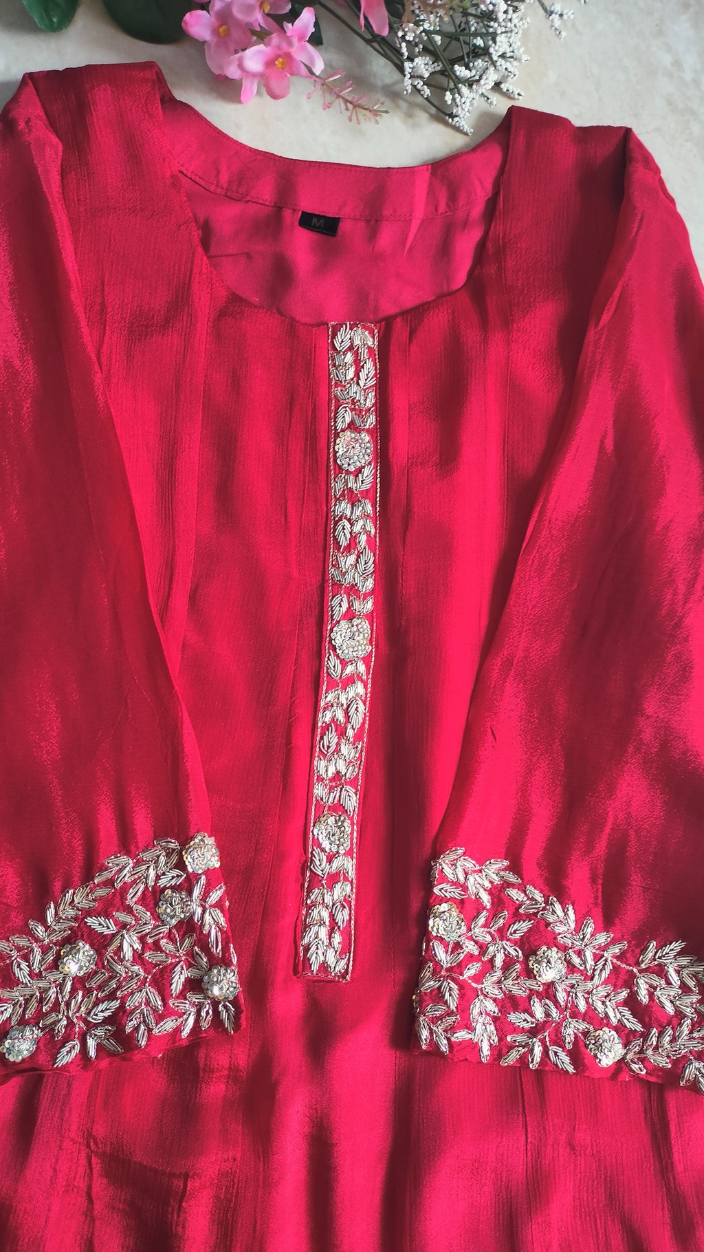 Dark Pink color pure Chinon 3 piece Anarkali suit set