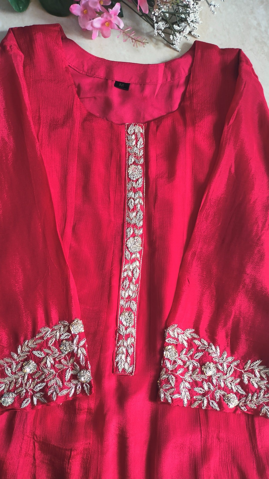 Dark Pink color pure Chinon 3 piece Anarkali suit set