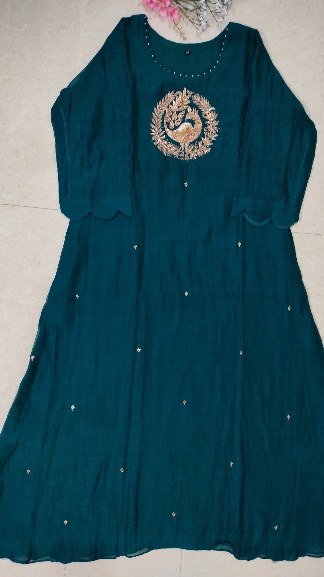 Mulchanderi rich teal color 3 piece A-line kurthi set