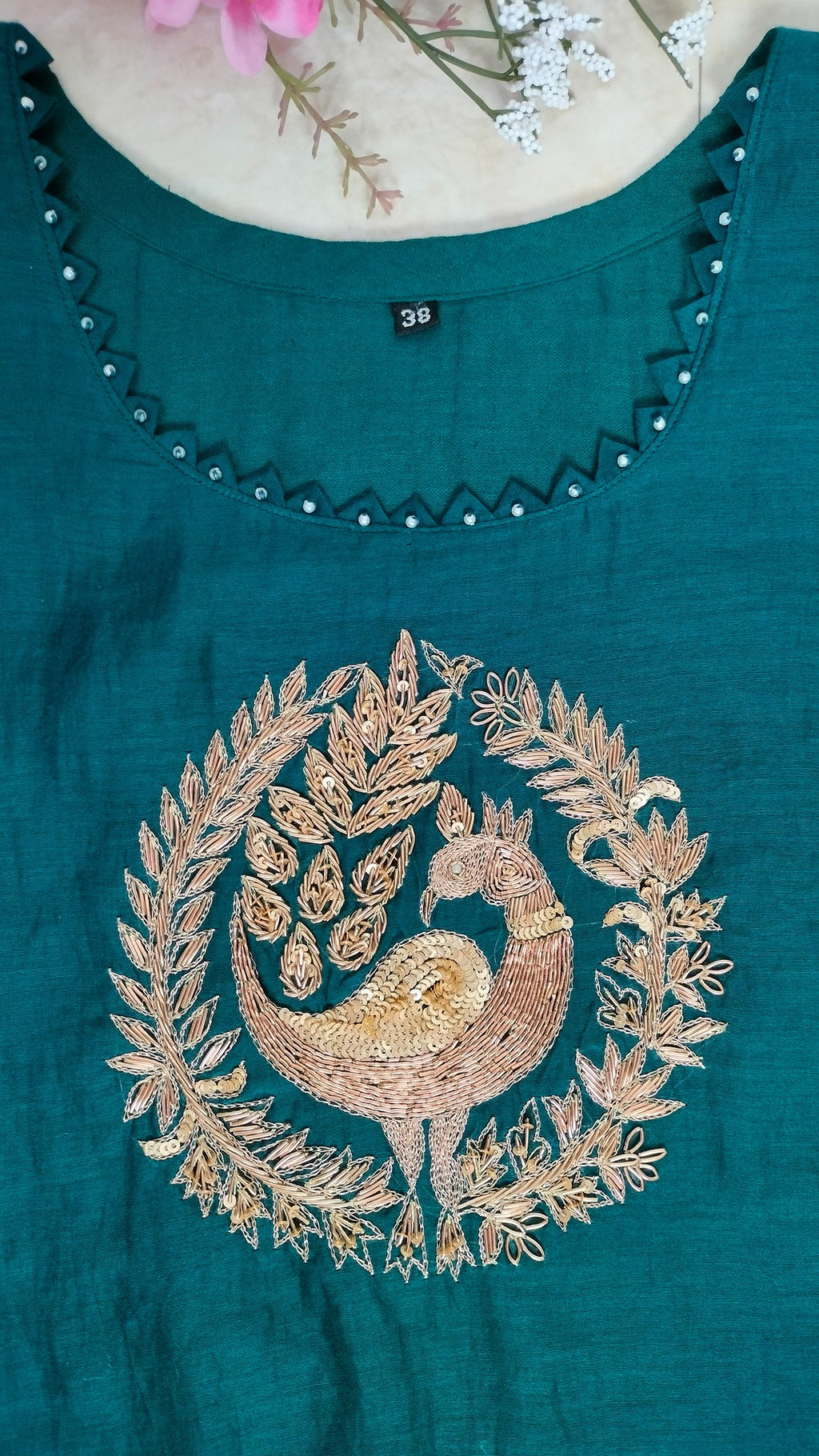 Mulchanderi rich teal color 3 piece A-line kurthi set