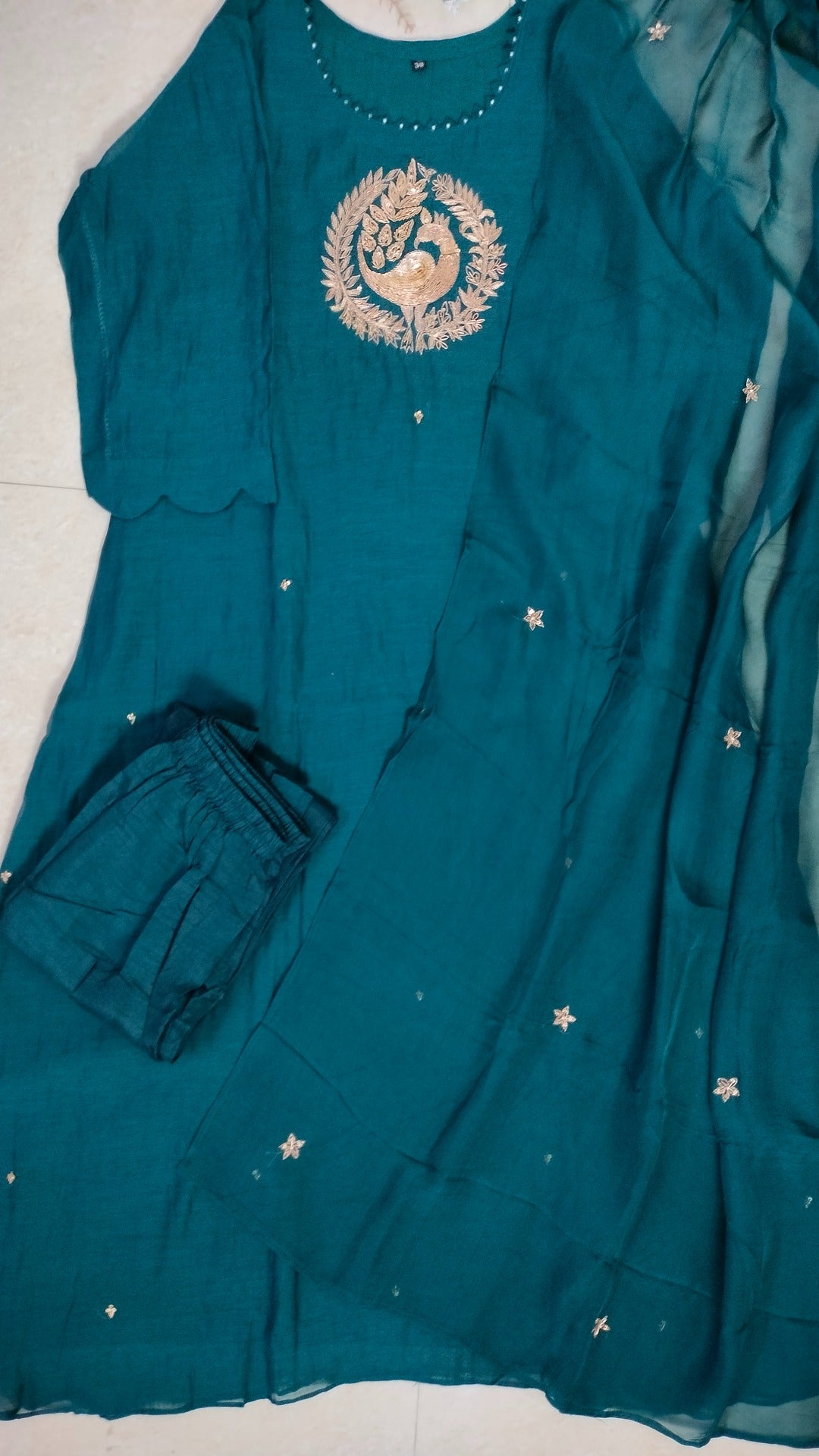 Mulchanderi rich teal color 3 piece A-line kurthi set