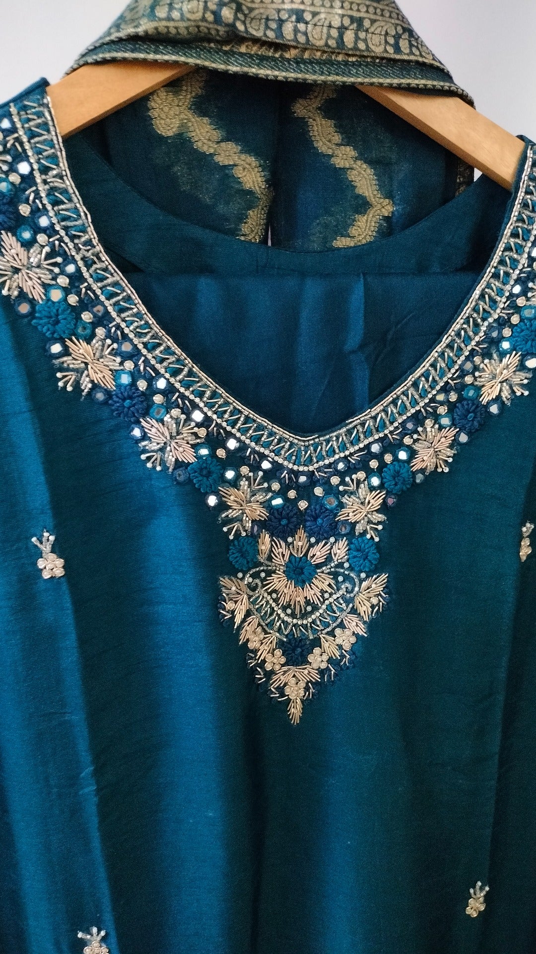 Teal dola silk straight cut 3 piece suit set