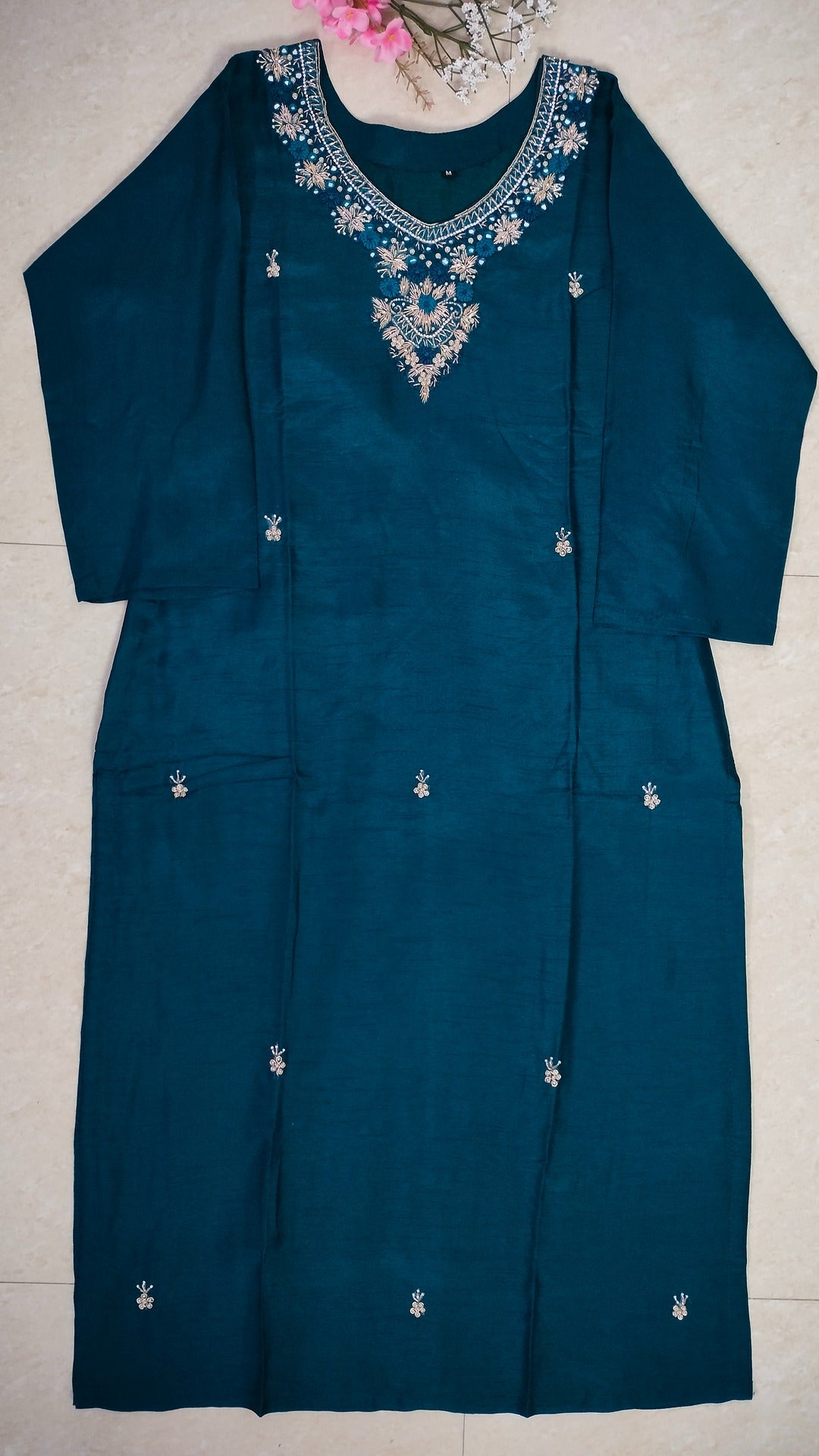 Teal dola silk straight cut 3 piece suit set