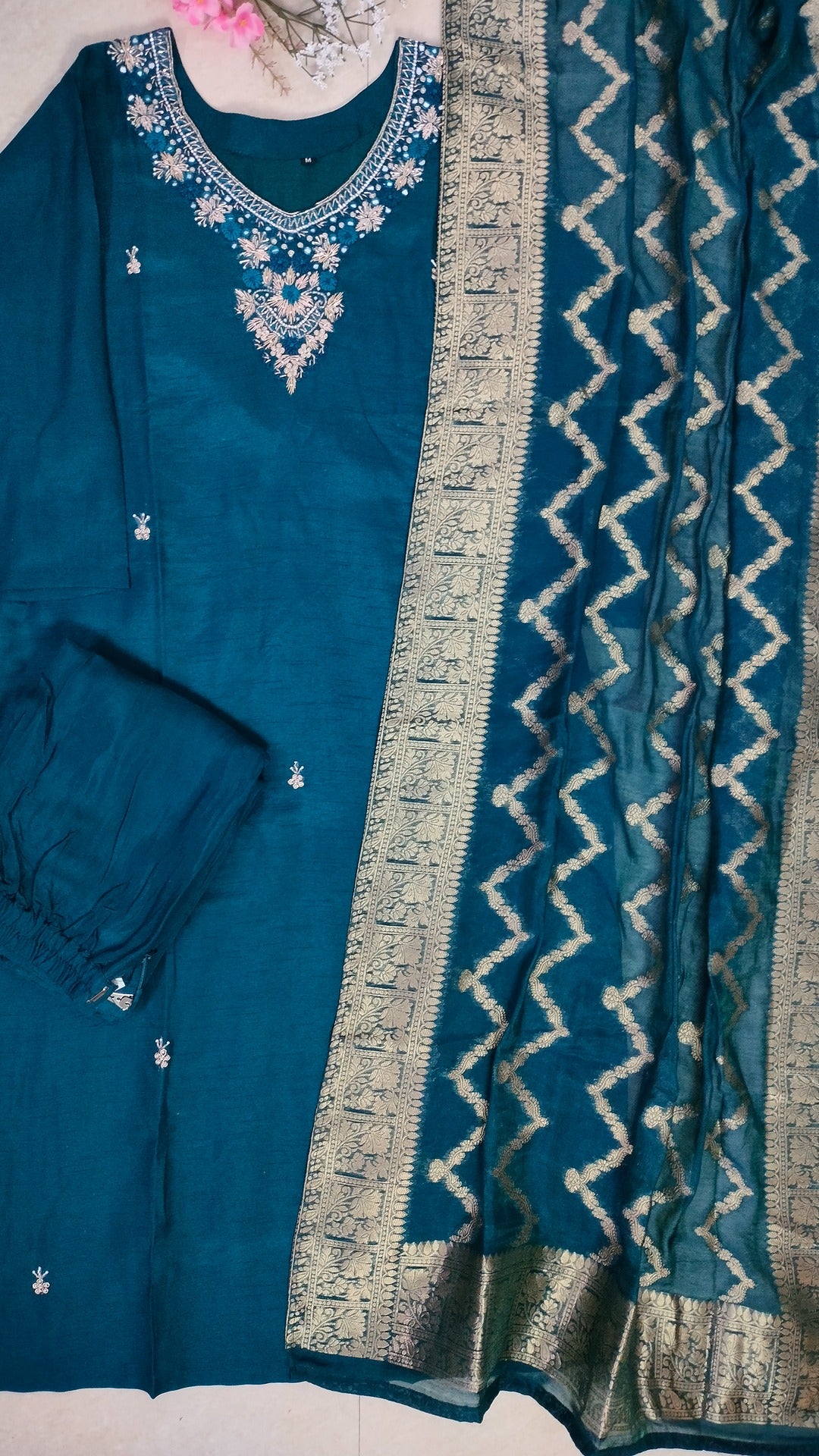 Teal dola silk straight cut 3 piece suit set