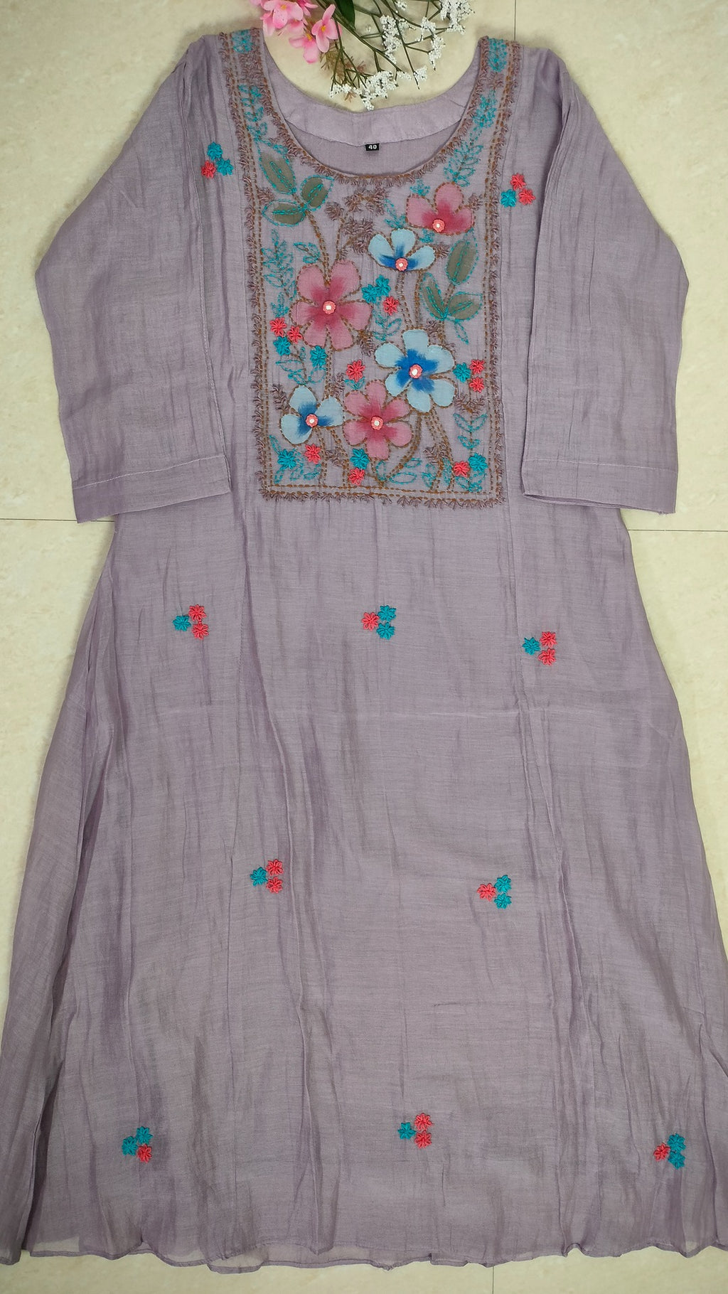 Mulchanderi dusty lavender color 3 piece A-line kurthi set