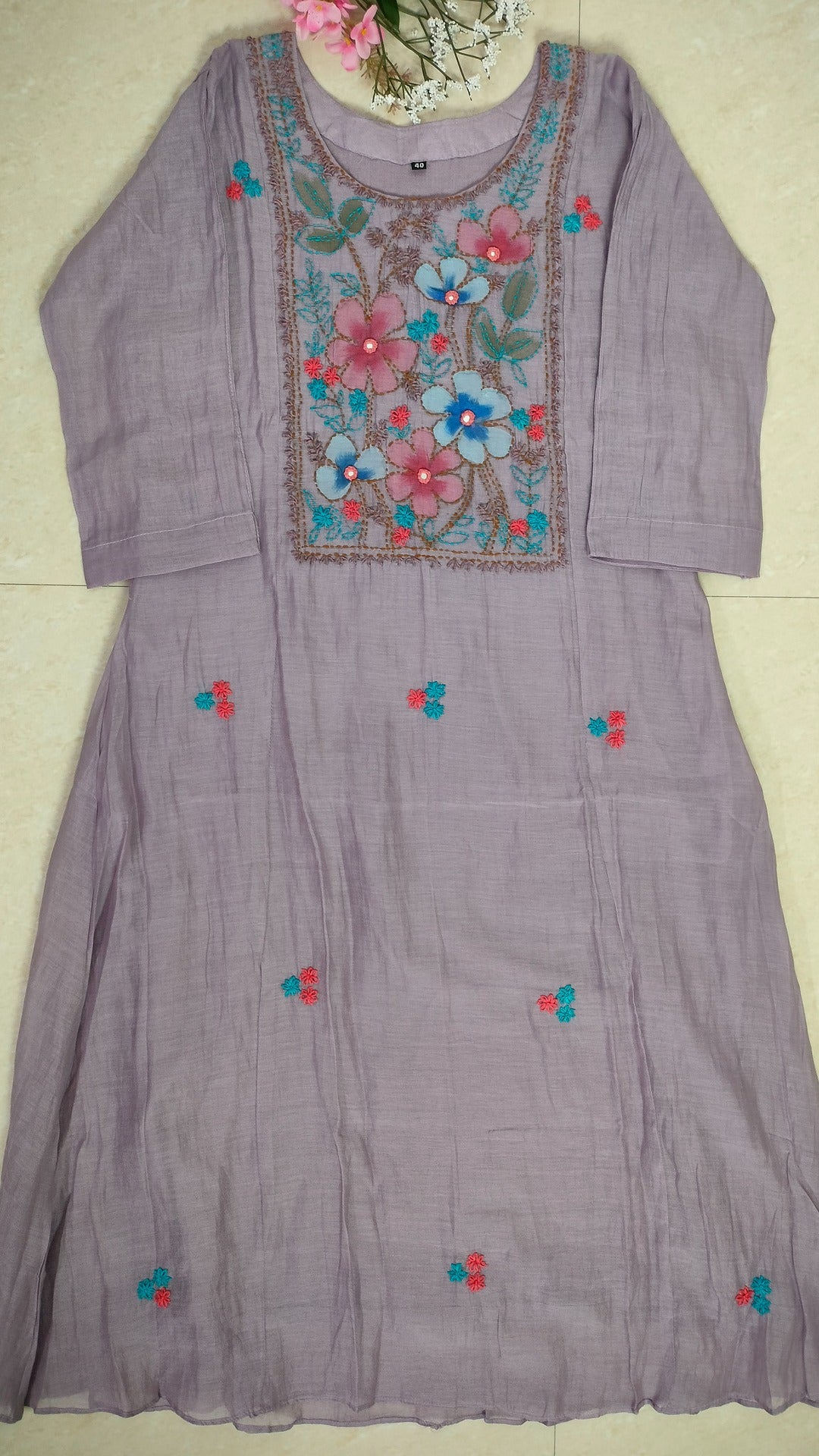 Mulchanderi dusty lavender color 3 piece A-line kurthi set
