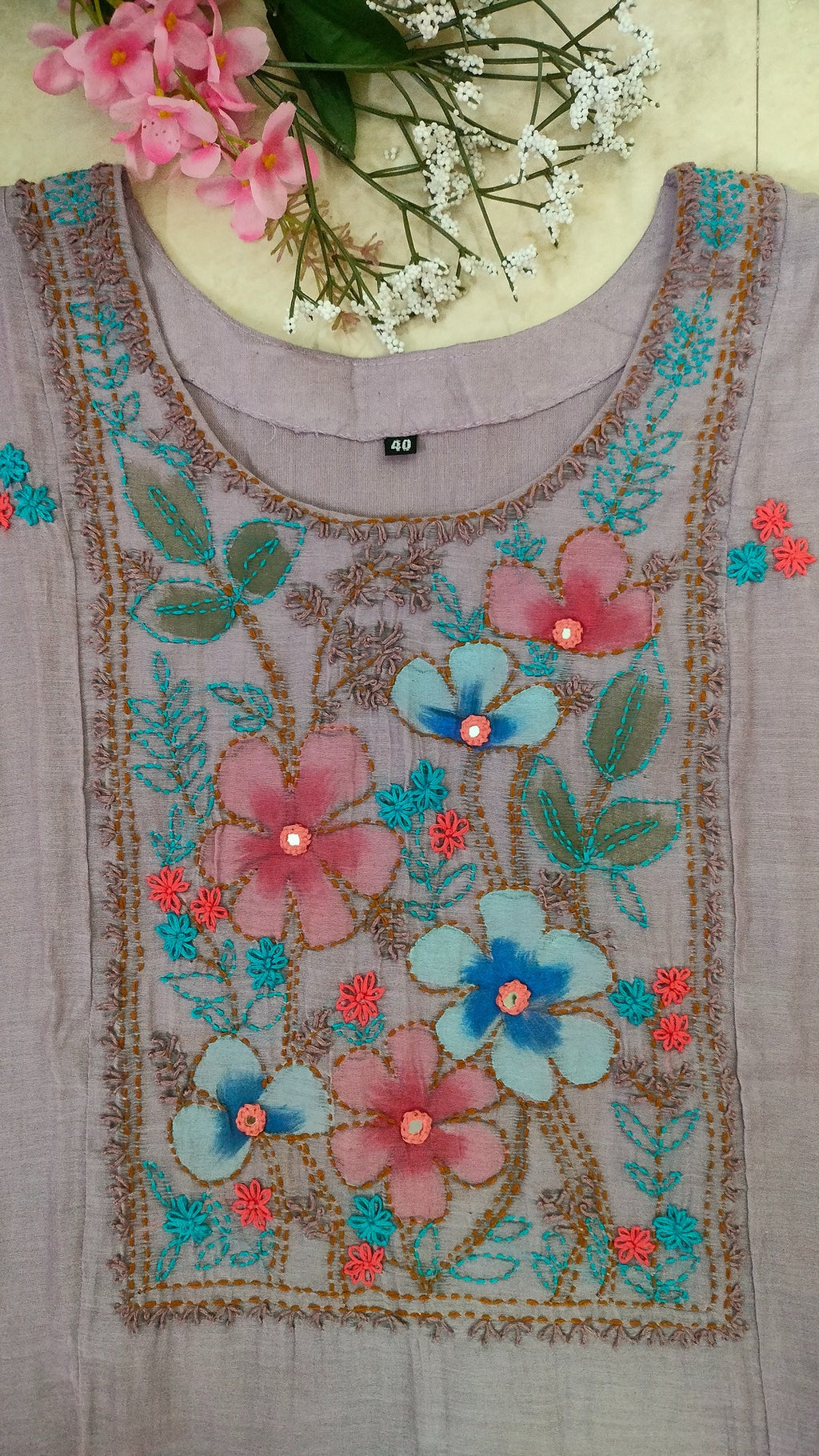 Mulchanderi dusty lavender color 3 piece A-line kurthi set