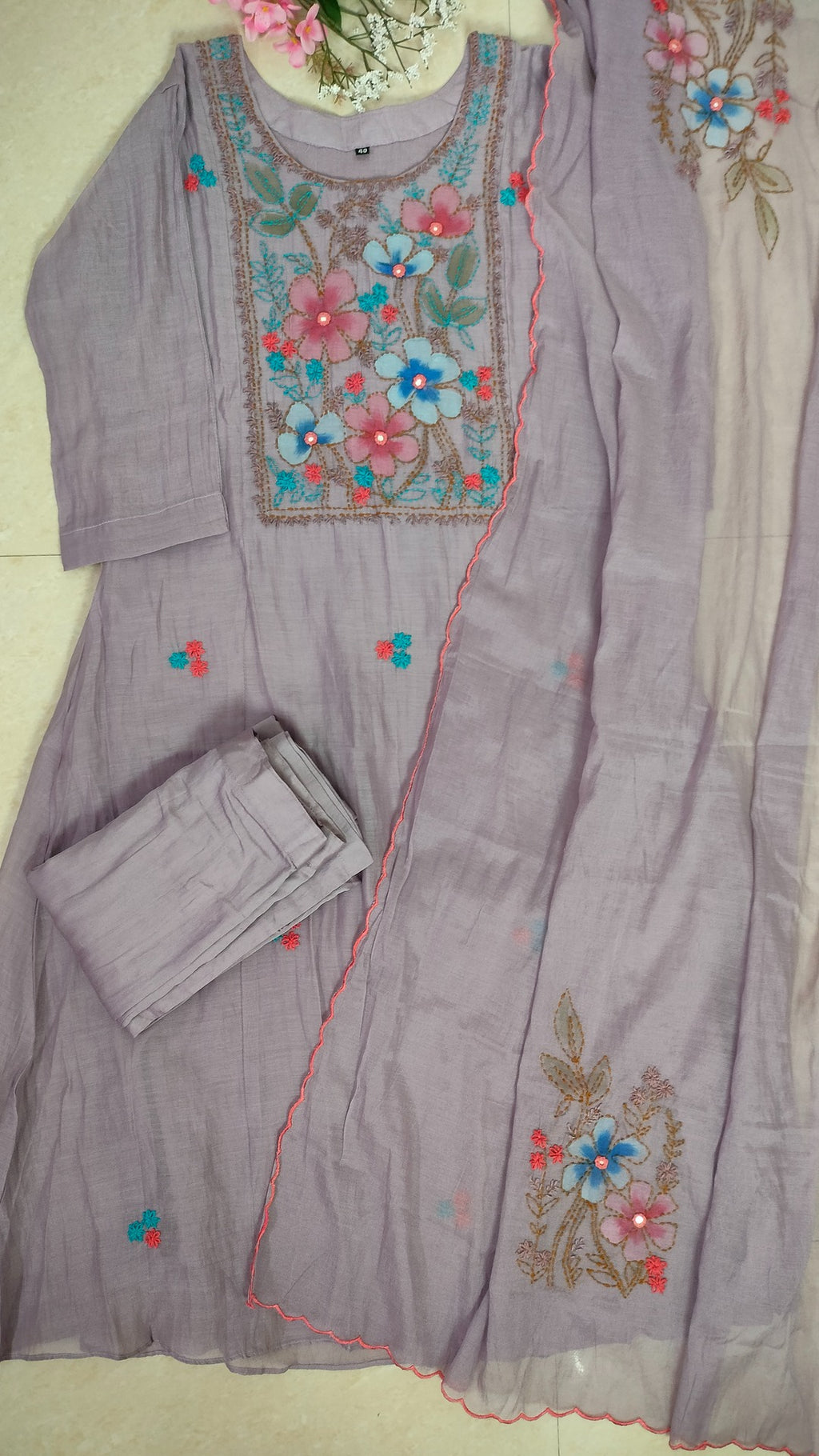 Mulchanderi dusty lavender color 3 piece A-line kurthi set