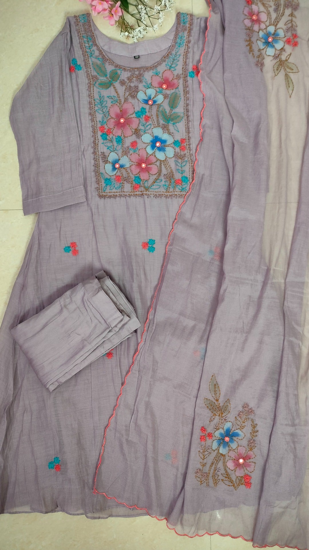 Mulchanderi dusty lavender color 3 piece A-line kurthi set