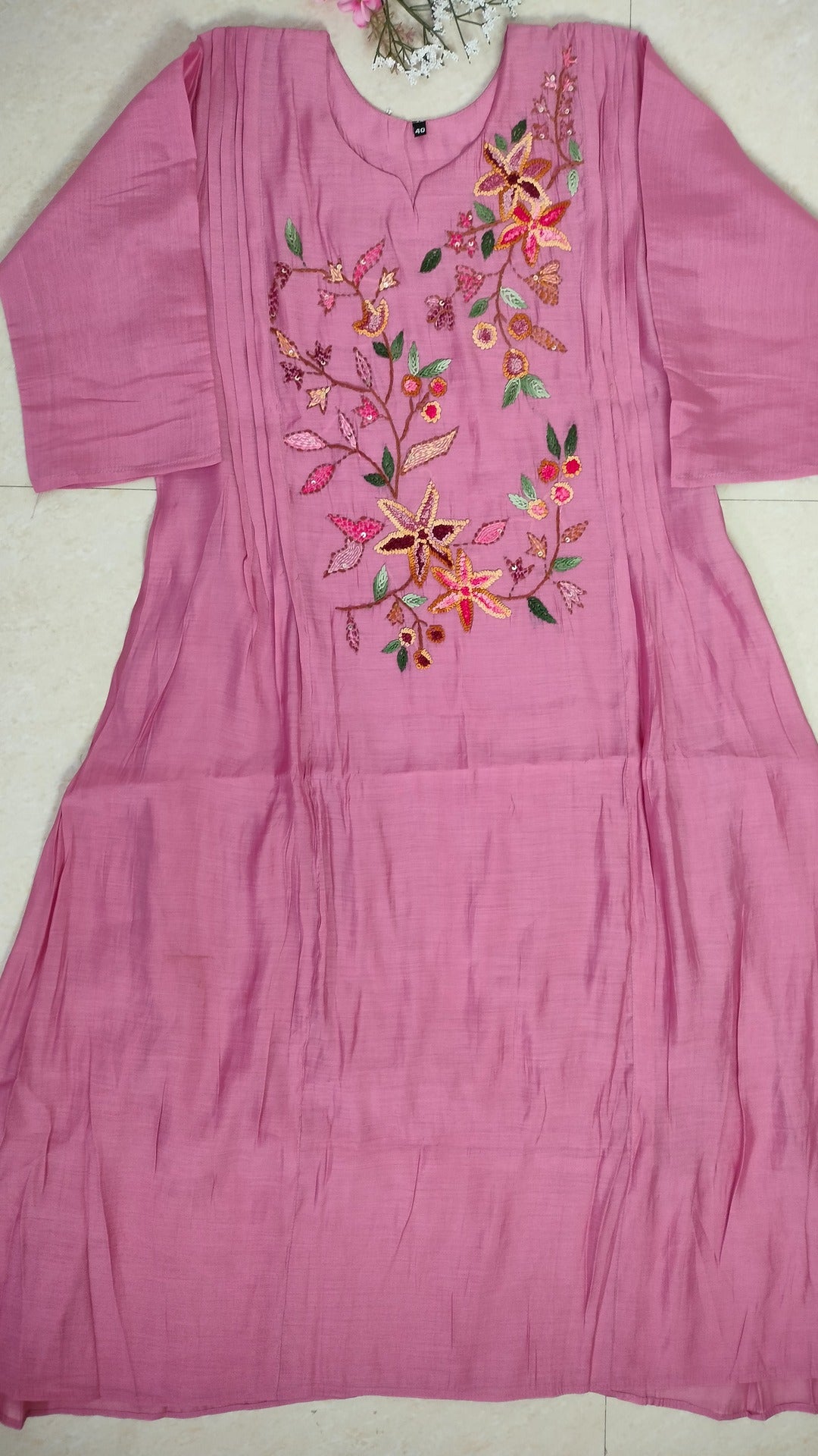 Onion pink color viscose chanderi 3 piece A-line kurthi set