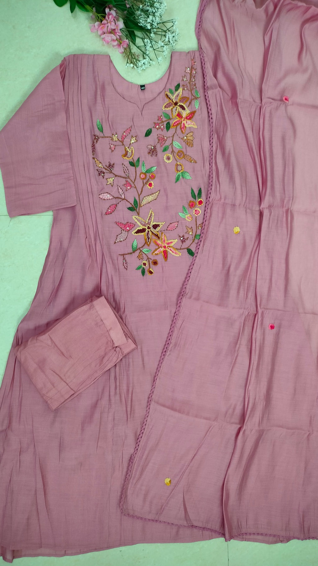 Onion pink color viscose chanderi 3 piece A-line kurthi set