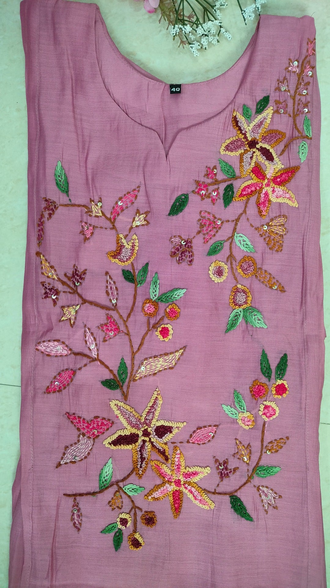 Onion pink viscose chanderi 3 piece A-line kurthi set