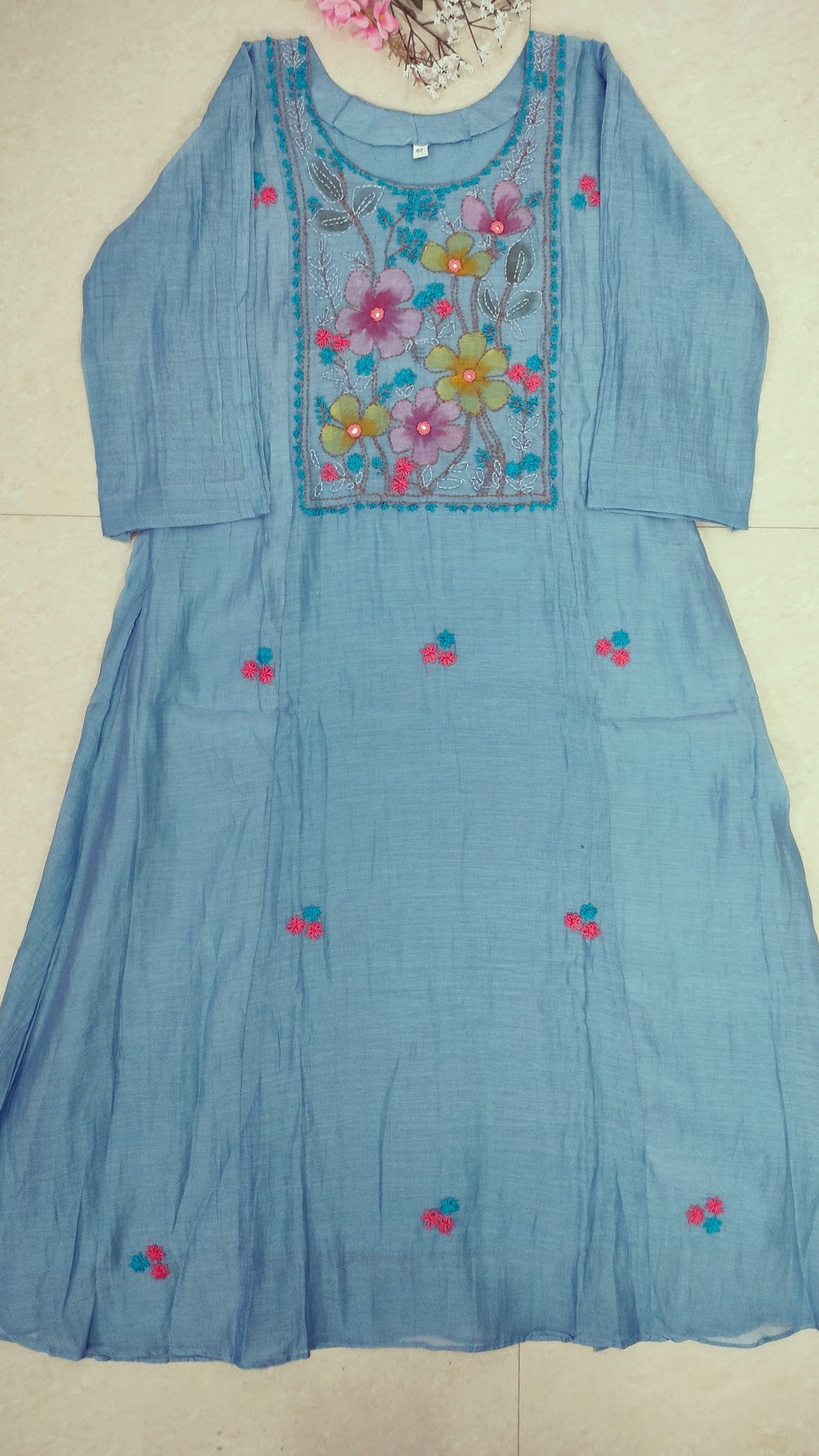 Mulchanderi sky blue color 3 piece A-line kurthi set