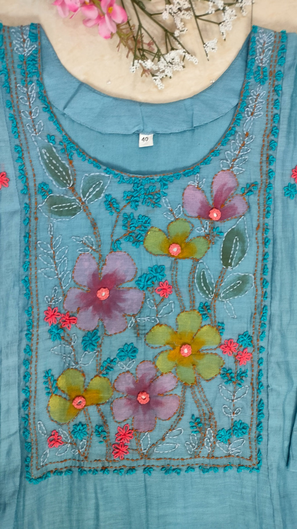 Mulchanderi sky blue color 3 piece A-line kurthi set