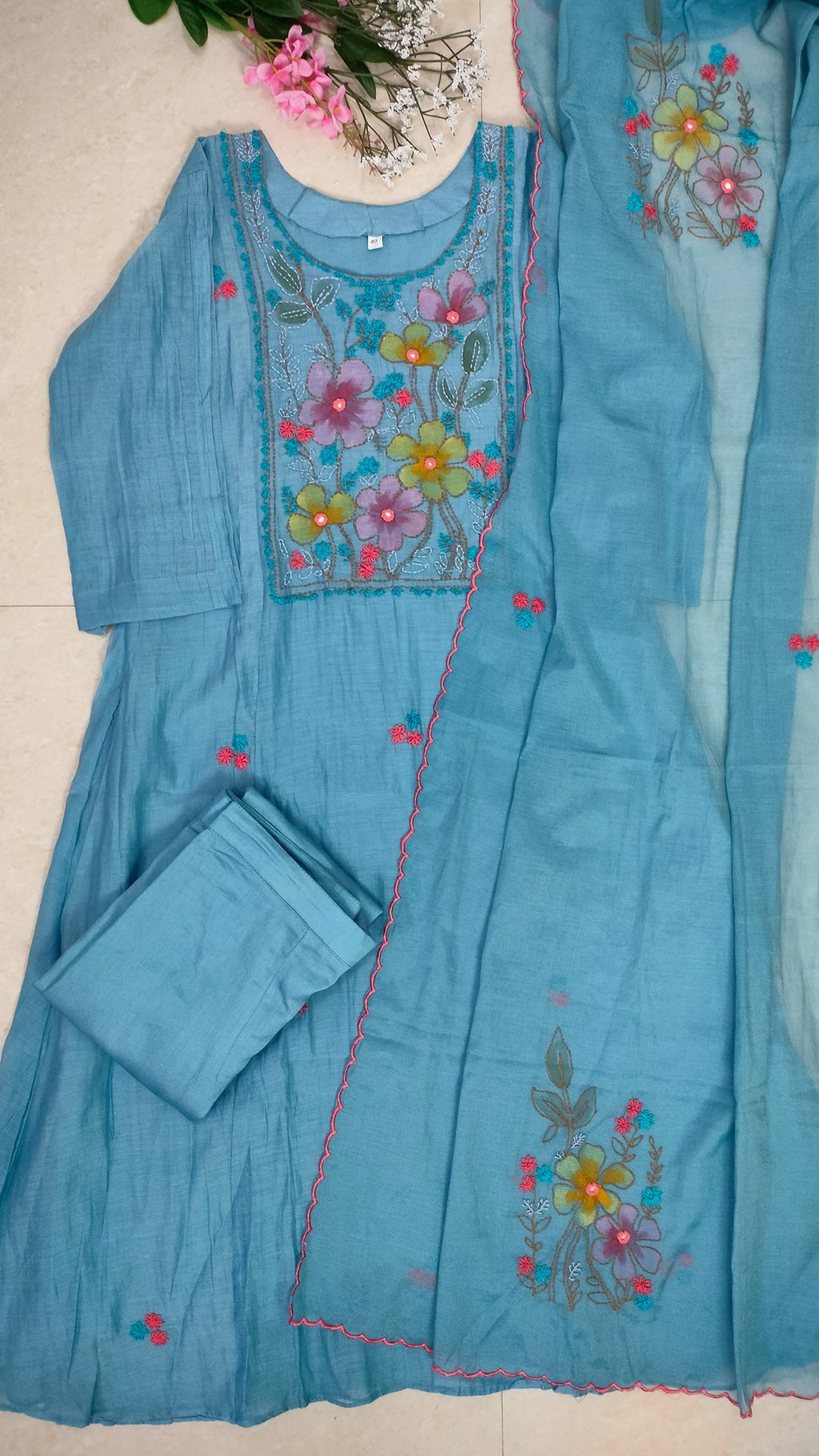 Mulchanderi sky blue color 3 piece A-line kurthi set