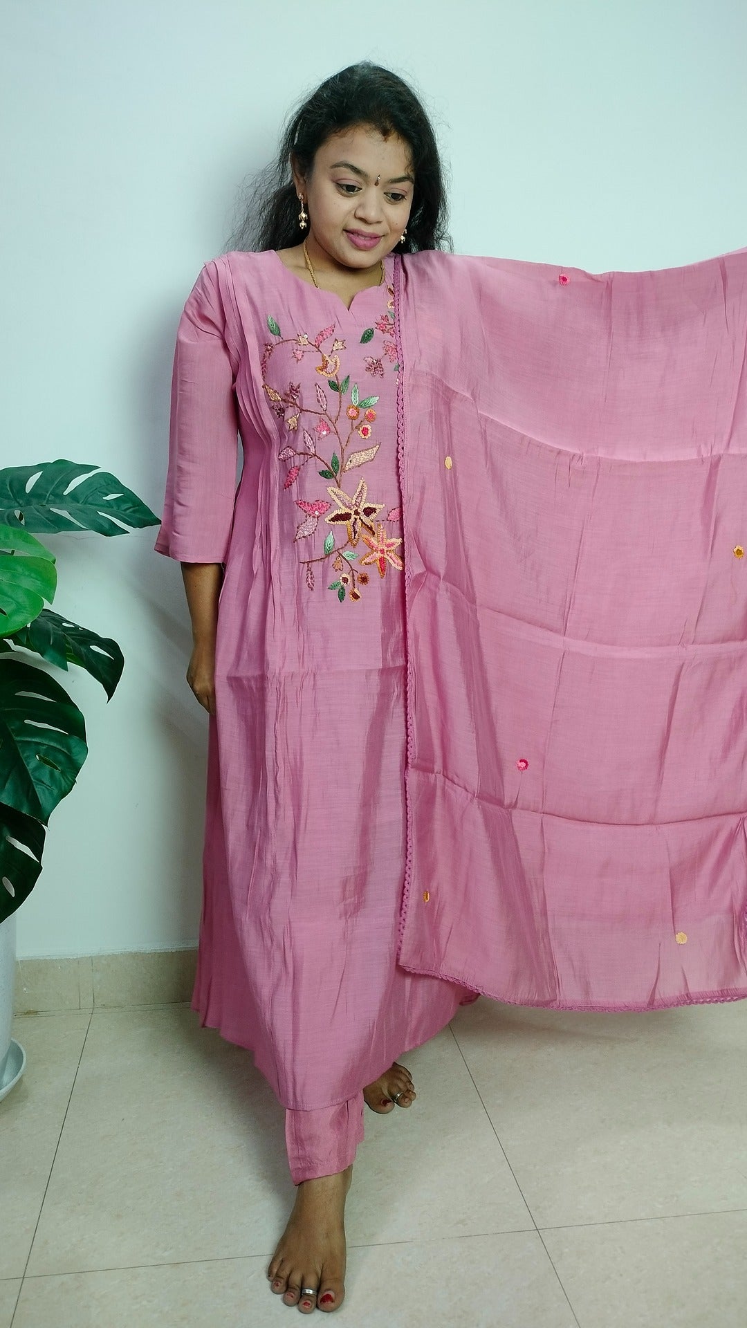 Onion pink viscose chanderi 3 piece A-line kurthi set