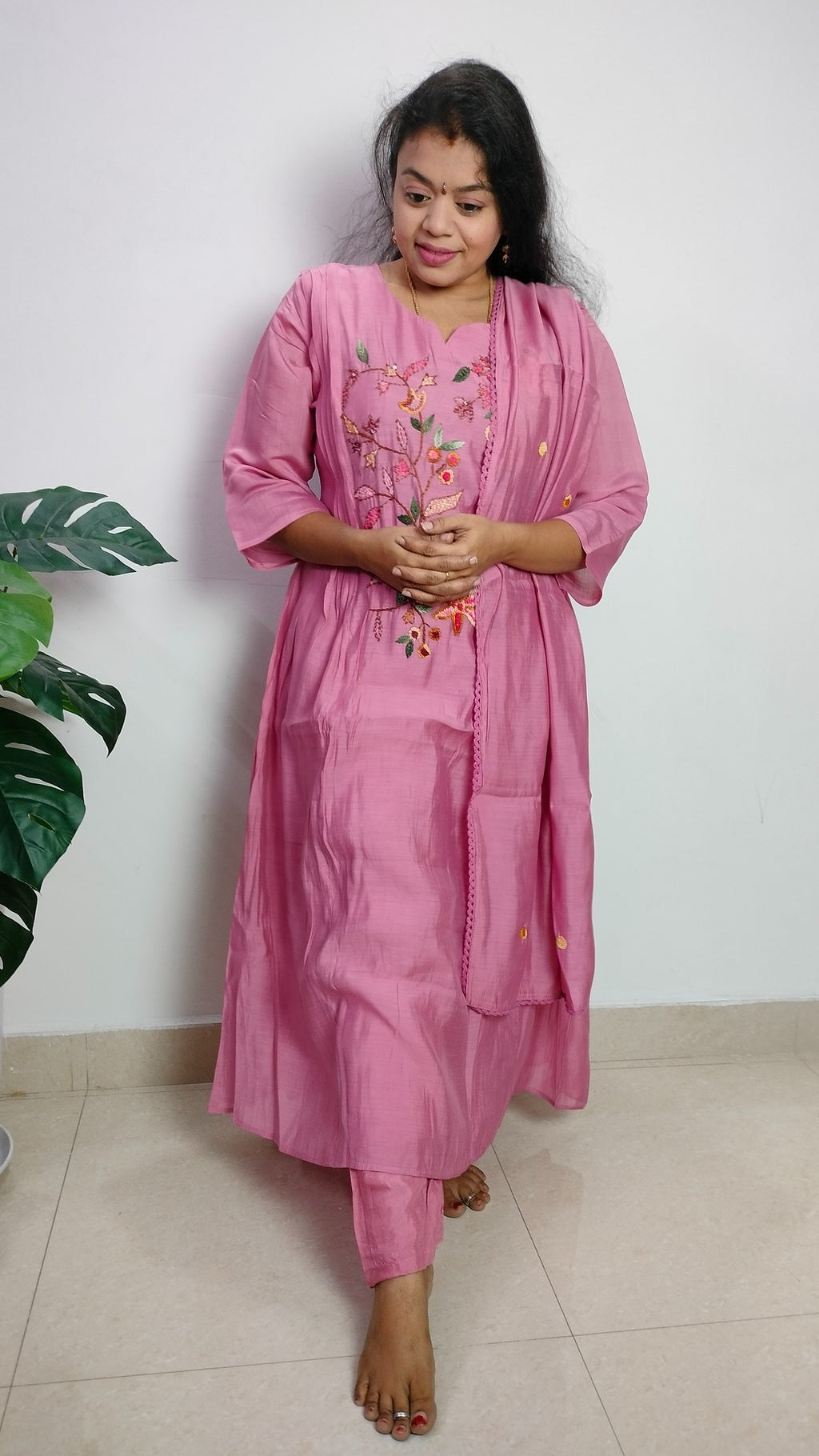 Onion pink color viscose chanderi 3 piece A-line kurthi set