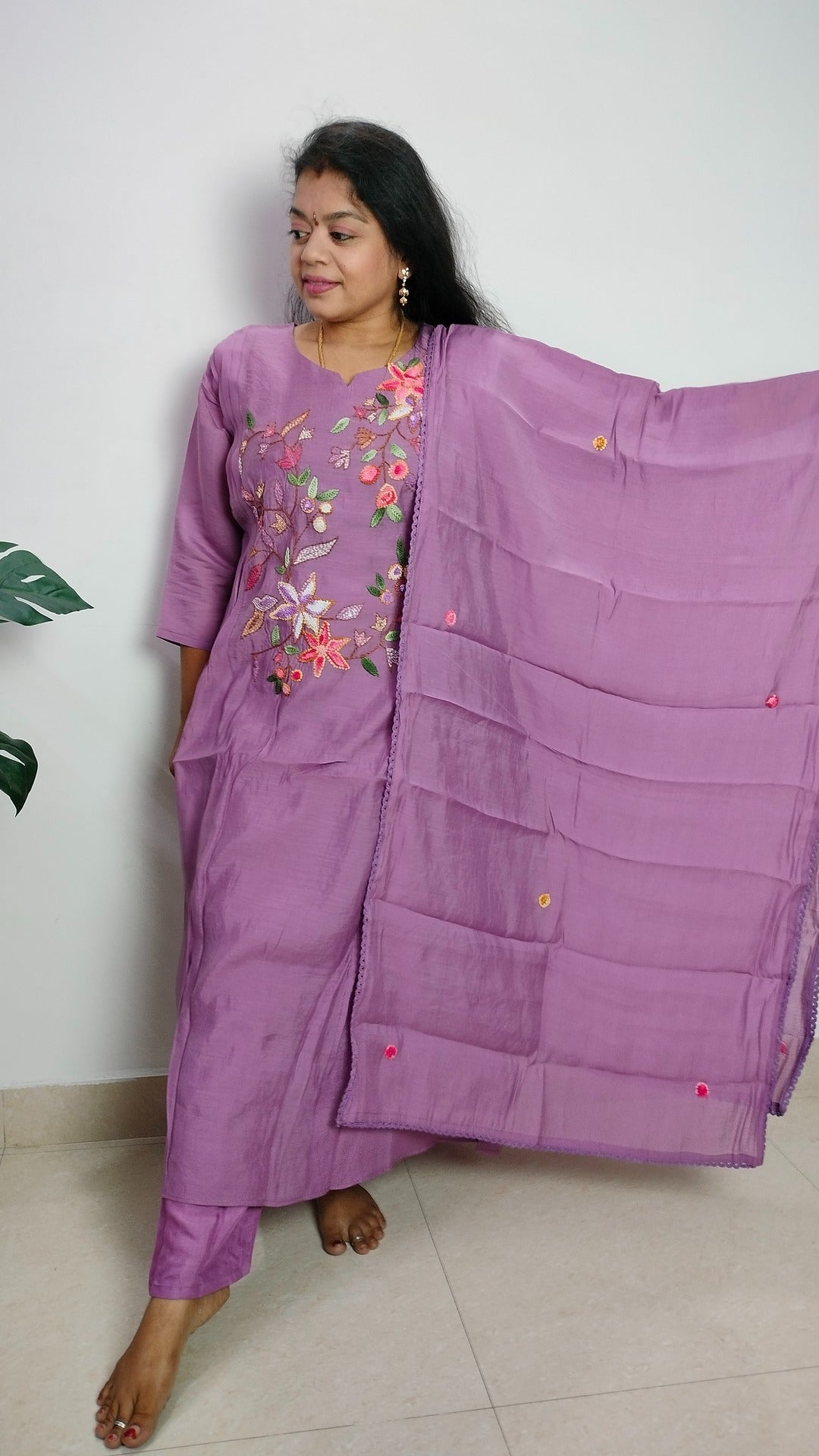 Light Purple viscose chanderi 3 piece A-line kurthi set