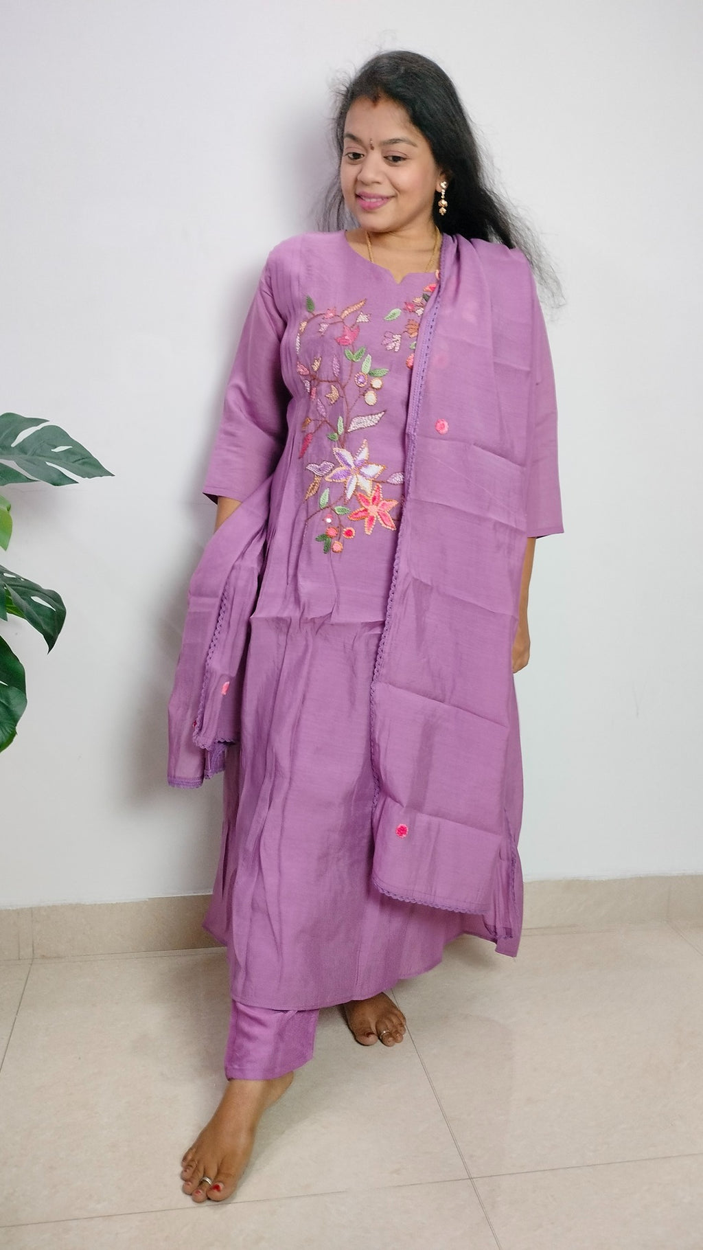 Light Purple viscose chanderi 3 piece A-line kurthi set