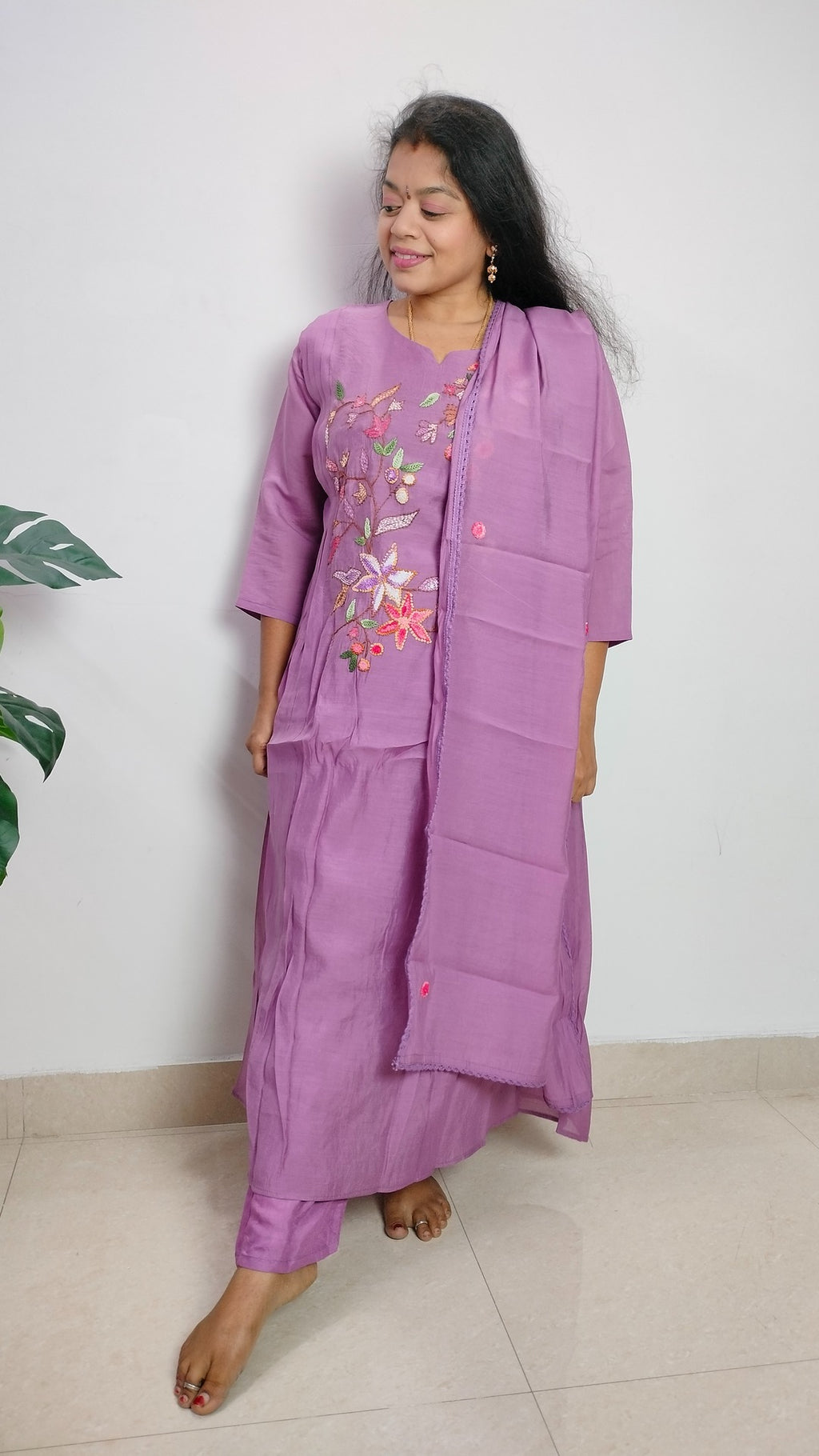Light Purple viscose chanderi 3 piece A-line kurthi set