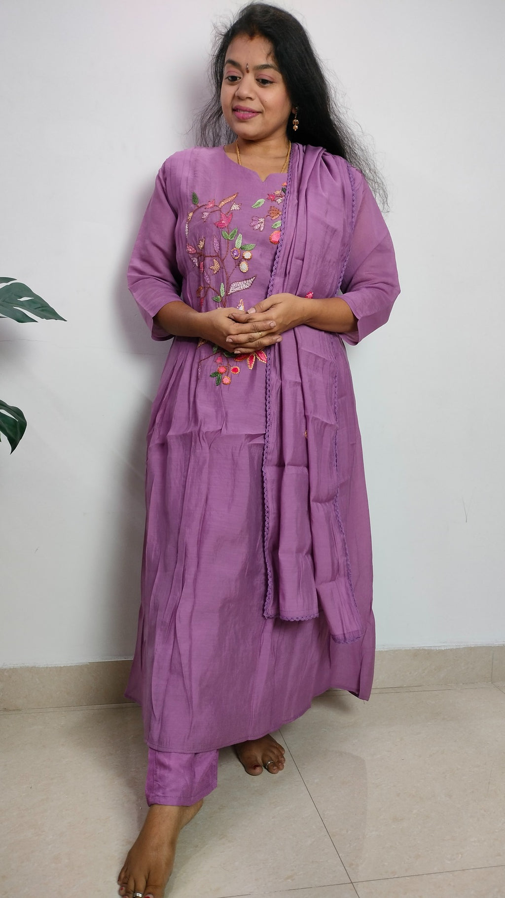 Light Purple viscose chanderi 3 piece A-line kurthi set
