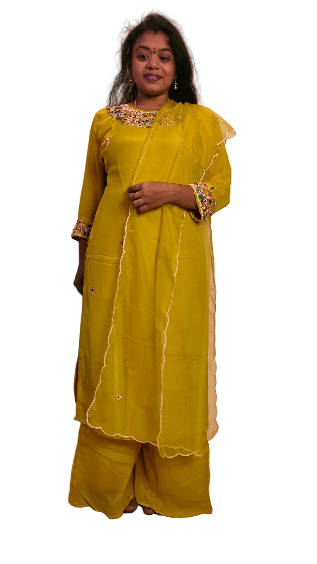 Yellow color chinon 3 piece straight-fit kurthi set