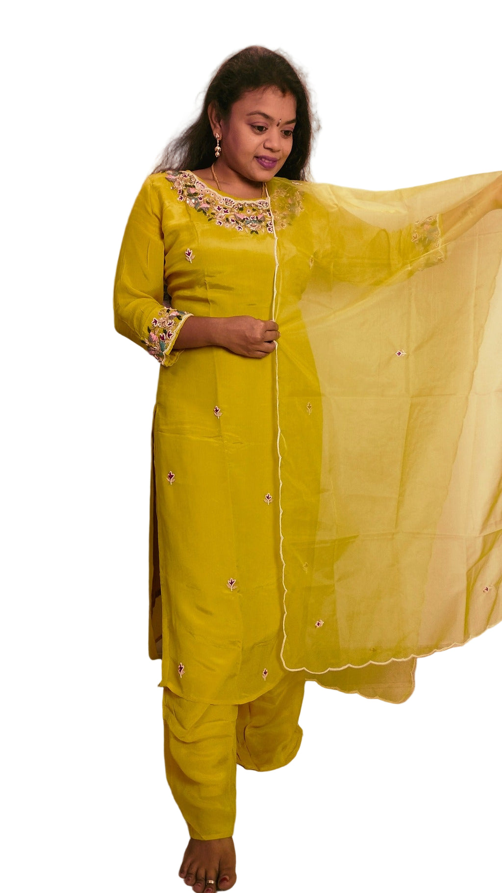 Yellow color chinon 3 piece straight-fit kurthi set