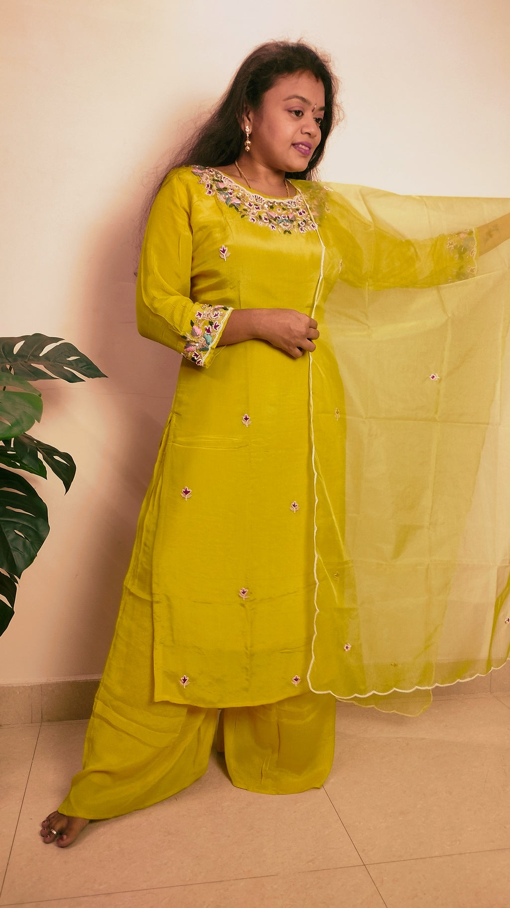 Yellow color chinon 3 piece straight-fit kurthi set