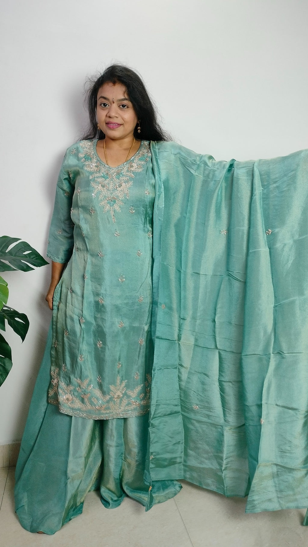 Light bluish green coloured Tissue Sharara set