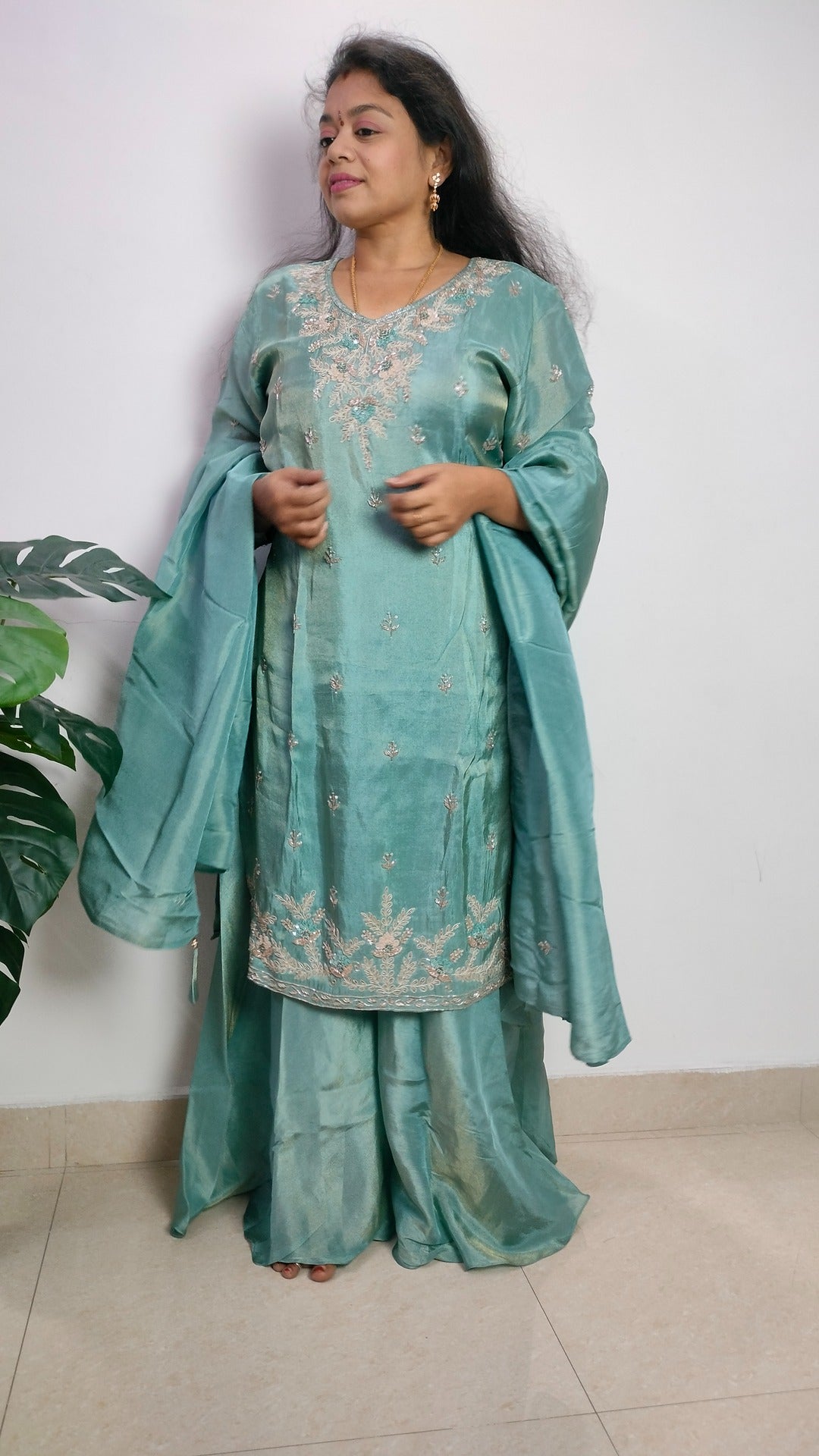 Light bluish green coloured Tissue Sharara set