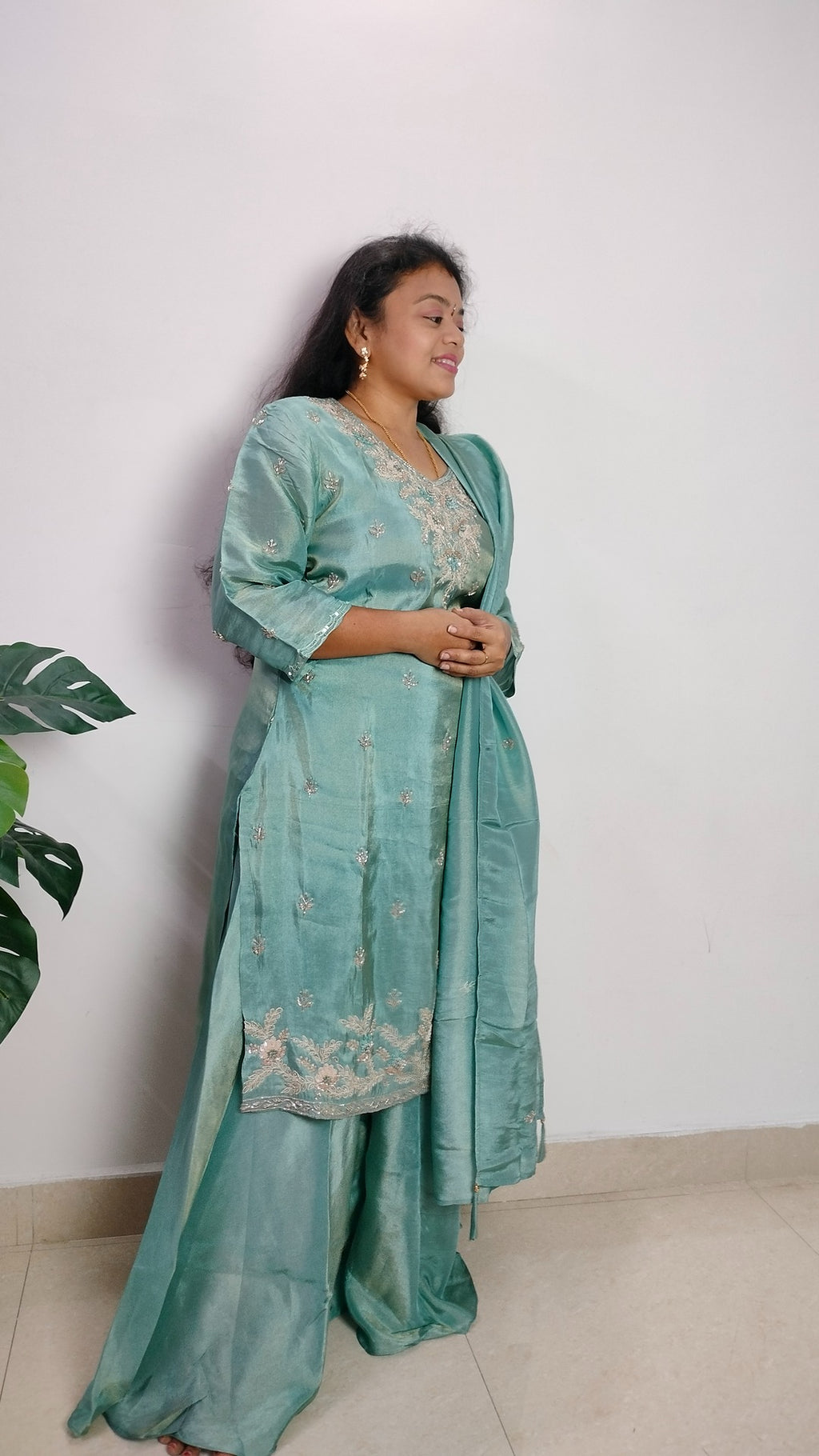 Light bluish green coloured Tissue Sharara set